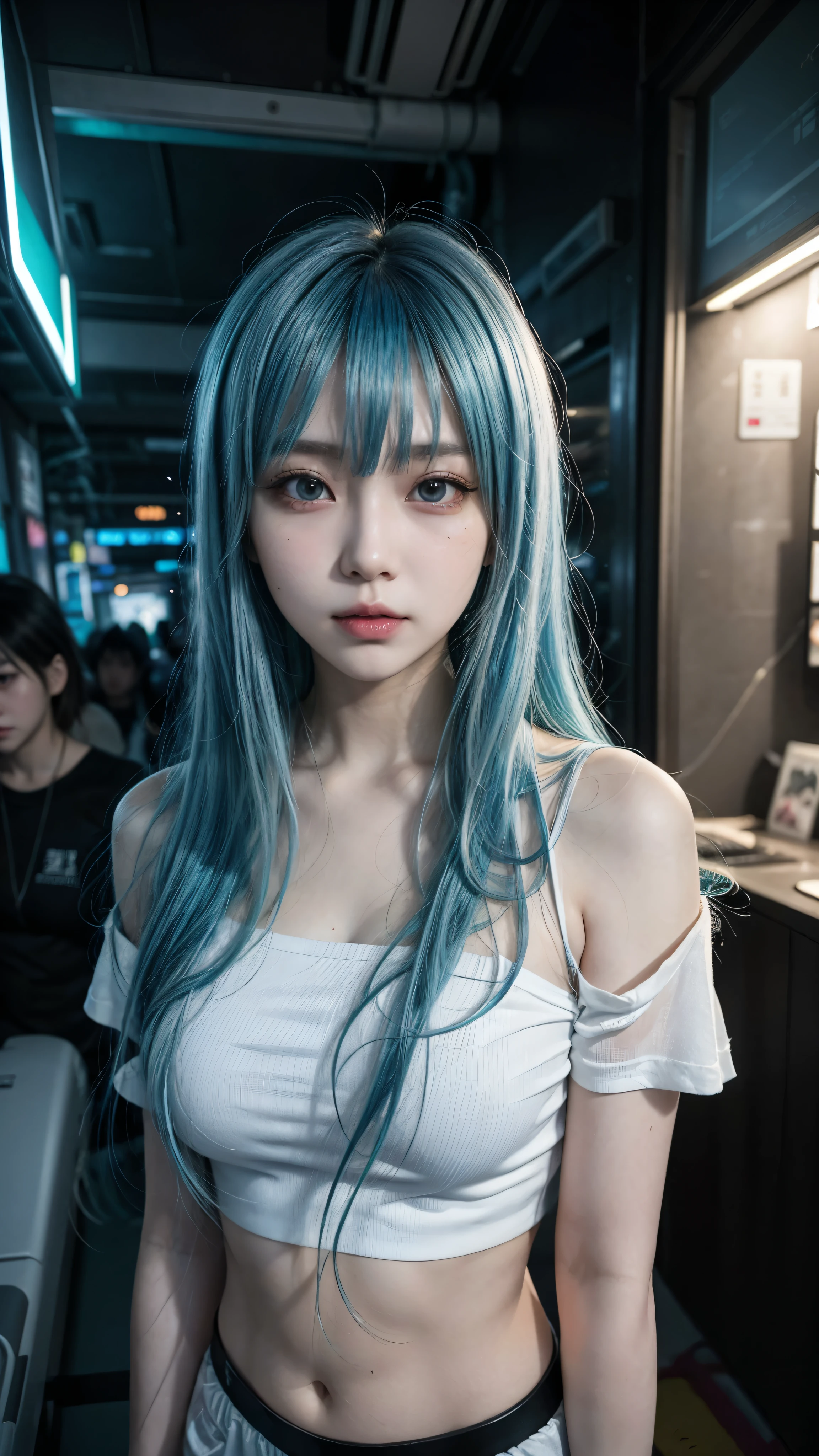 there is a woman with a blue hair and a white top, anime girl cosplay, inspired by Leng Mei, photo of slim girl model, anime girl in real life, seductive anime girl, cyberpunk 2 0 y. o model girl, chinese girl, female cyberpunk anime girl, photo of slim girl, beautiful cyberpunk woman model, anime cosplay, cosplay photo, cosplay