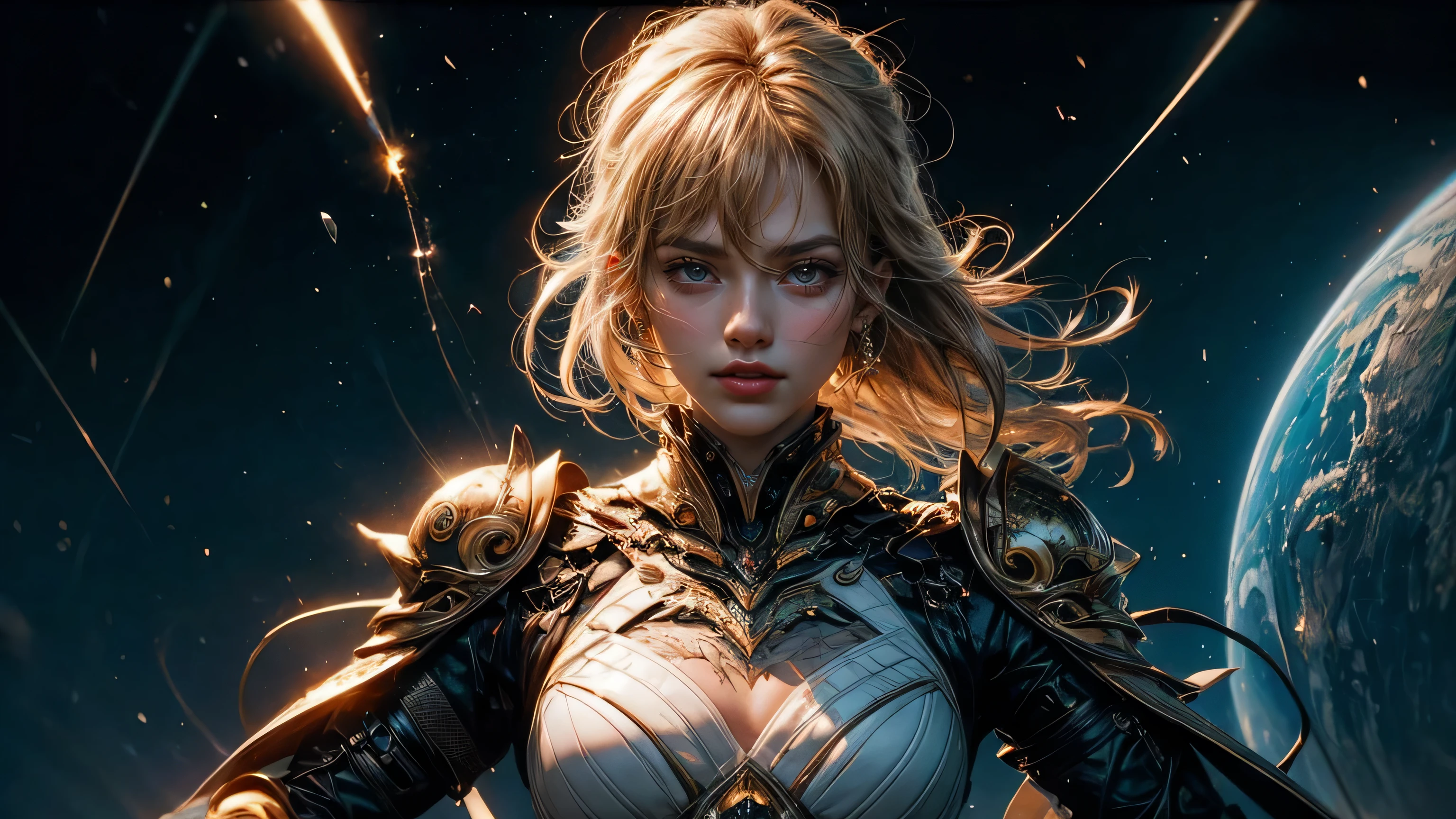 nffsw mechanism, Beautiful eyes, Upper body, (Golden Armor), Portrait、abyss、Shooting with a wide-angle lens,Lightning from Kaleidoscope Hand、flying though the air、flawless、Neon light, 8K, raw, Best Quality, masutepiece, 超A high resolution, Colorful, (medium wide shot), (Dynamic perspective), sharp focus , (depth of field f16), ighly detailedな目と顔,ninjartist, Trimmed gear:1.2), ((masutepiece, Best Quality)), Detailed background, Inside the spacecraft、Hold your weapon、Double exposure of a person and a spiral、(Golden blond hair)、brue eyes、dirty、bio luminescent、lots of crescent moons、Photographed with Canon R5,masterpiece,connected to the plug、spectrum、Space City、ighly detailed beautiful porcelain profile female android face、Complex 3D rendering of a headset、Beautiful studio soft lights、Rim Light、Vivid details、luxuriouscyberpunk、Ren Hao、surrealistic、Anatomical、Beautiful background of facial muscles、octan render、8K、top-quality、masterpiece、illustratio、extremely delicate and beautiful、ighly detailed、nffsw ,Unity ,wall-,magnifica, Attention to detail, masterpiece,top-quality,Official art,Highly detailed ticker Unity 8K wallpapers,