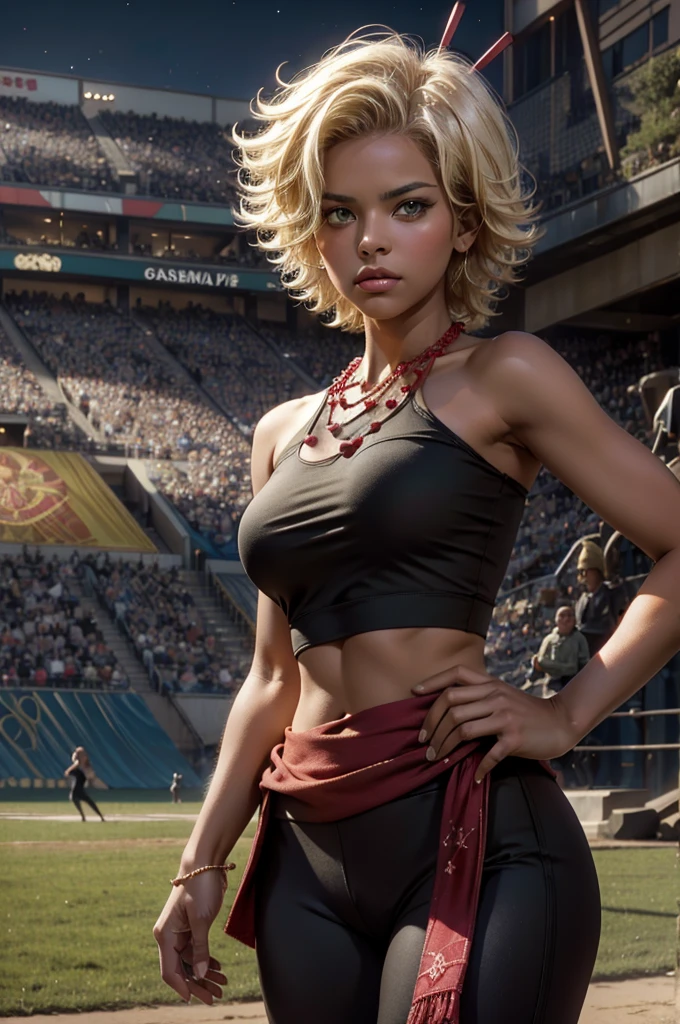 arslanaltan, 1girl, blonde hair, short hair, green eyes, dark skin, brown skin, hair ornament, t-shirt, bare shoulders, yoga pants, necklace, (Masterpiece, Best Quality, Highres:1.2), Detailed, Intricate Details, 4K, solo, cowboy shot, high rating, standing, in deserted stadium, bonfires, river, crowd, (crowd in military uniforms), night, stars, closed mouth, serious look, serious expression, looking at viewer,