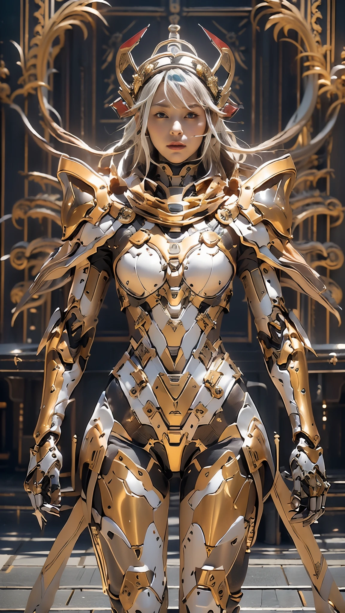 ファンタジー風の全身鎧を身にまとったwoman, Only the eyes were exposed、A fully enclosed helmet designed to resemble a crown, Composite Layered Chest Plate, Fully covered shoulder and hand guards, Lightweight waist armor, Close-fitting shin guards, The overall design is sturdy, ((The armor is shiny gold, Accented with red and blue accents)), Gives off a noble aura, She floats above a fantastical, surreal, high-tech city, This character is、It embodies a hero wearing fantasy surreal style armor elaborately crafted in anime style.。, (A mix of queen bee and spider concept armor), ((Nordic, elegant, goddess, woman:1.5)), metallic, High resolution, highest quality, High resolution, Very detailed, Ultra-fine painting, Very delicate, Professional, Anatomically correct, Symmetrical face, Very detailed目と顔, High quality eyes, creativity, RAW Photos, 超High resolution, 32k, Natural light, Cinema Lighting, masterpiece-anatomy-perfect, masterpiece:1.5