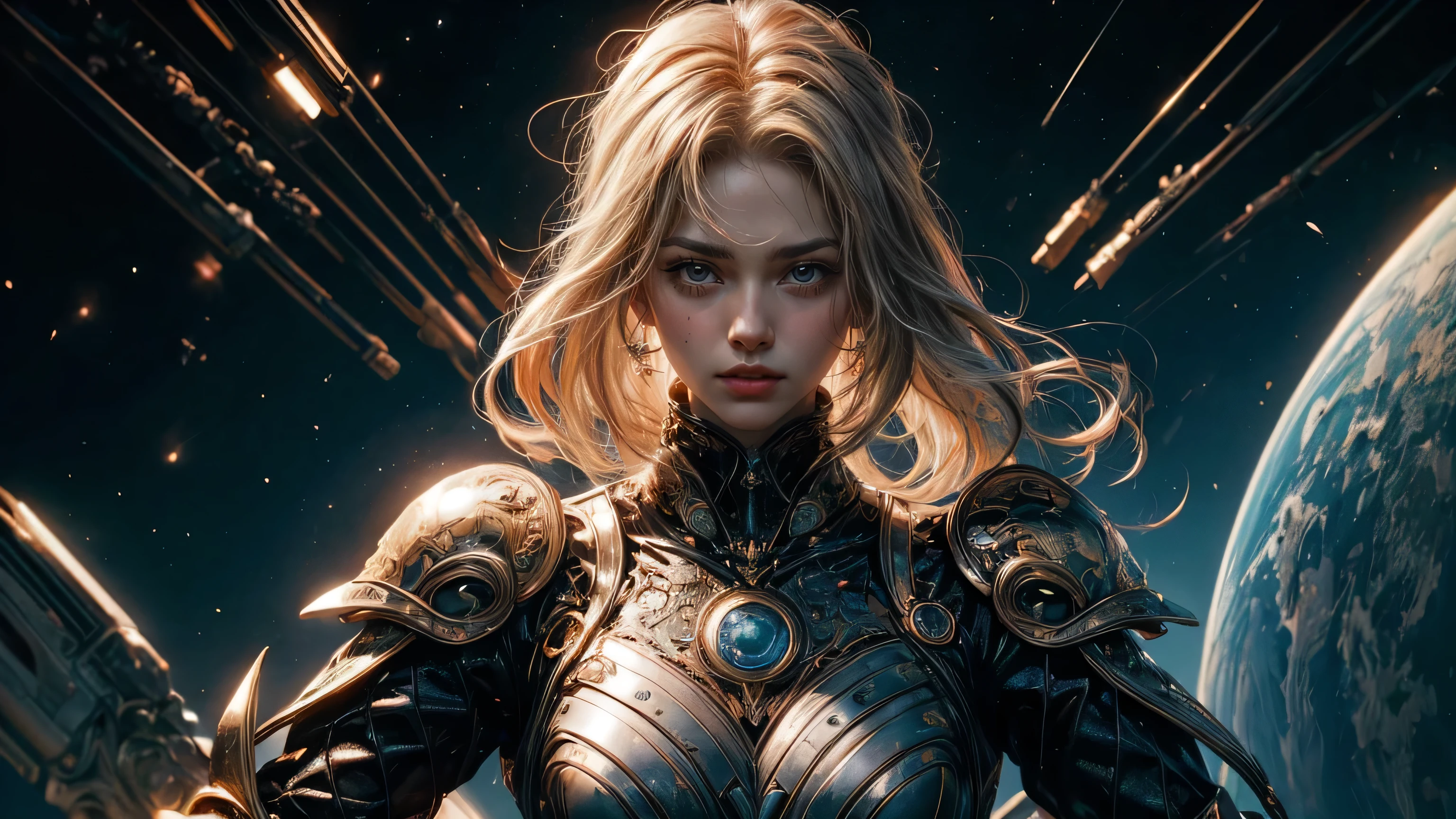 nffsw mechanism, Beautiful eyes, Upper body, (Golden Armor), Portrait、abyss、Shooting with a wide-angle lens,Lightning from Kaleidoscope Hand、flying though the air、flawless、Neon light, 8K, raw, Best Quality, masutepiece, 超A high resolution, Colorful, (medium wide shot), (Dynamic perspective), sharp focus , (depth of field f16), ighly detailedな目と顔,ninjartist, Trimmed gear:1.2), ((masutepiece, Best Quality)), Detailed background, Inside the spacecraft、Hold your weapon、Double exposure of a person and a spiral、(Golden blond hair)、brue eyes、dirty、bio luminescent、lots of crescent moons、Photographed with Canon R5,masterpiece,connected to the plug、spectrum、Space City、ighly detailed beautiful porcelain profile female android face、Complex 3D rendering of a headset、Beautiful studio soft lights、Rim Light、Vivid details、luxuriouscyberpunk、Ren Hao、surrealistic、Anatomical、Beautiful background of facial muscles、octan render、8K、top-quality、masterpiece、illustratio、extremely delicate and beautiful、ighly detailed、nffsw ,Unity ,wall-,magnifica, Attention to detail, masterpiece,top-quality,Official art,Highly detailed ticker Unity 8K wallpapers,