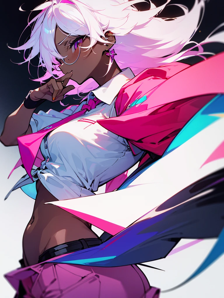 masterpiece, 1 woman, adult, ((dark skinned woman, hair over the one eye)), white hair, pink hair, colorful hair, tied up hair, long messy hair, purple eye, (glasses), (white shirt, short pants), tie, (underboob), earring, from side, hand gesture, Defiant pose