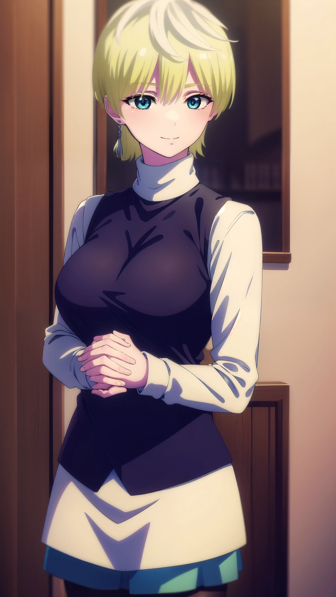 ((Masterpiece)), perfect anatomy, perfect shading, field of depth, (best quality), extremely delicate and beautiful, perfect lighting, detailed face, ultra cute face, cute, (cowboy shot 1.2), (((1girl))), ((solo)), looking at viewer, ((((Sarashina Ruka)))), ((blue hairband)), ((tan turtle neck sweater)), ((no skirt)), ((blush)) sweet smile, in sexual position