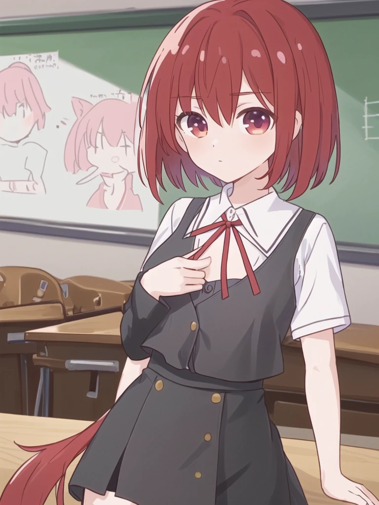 Masterpiece,Wine red hair,Side Tail(right),Short Bob,Young,shirt,Chest ribbon,mini skirt,classroom,piece,whole body