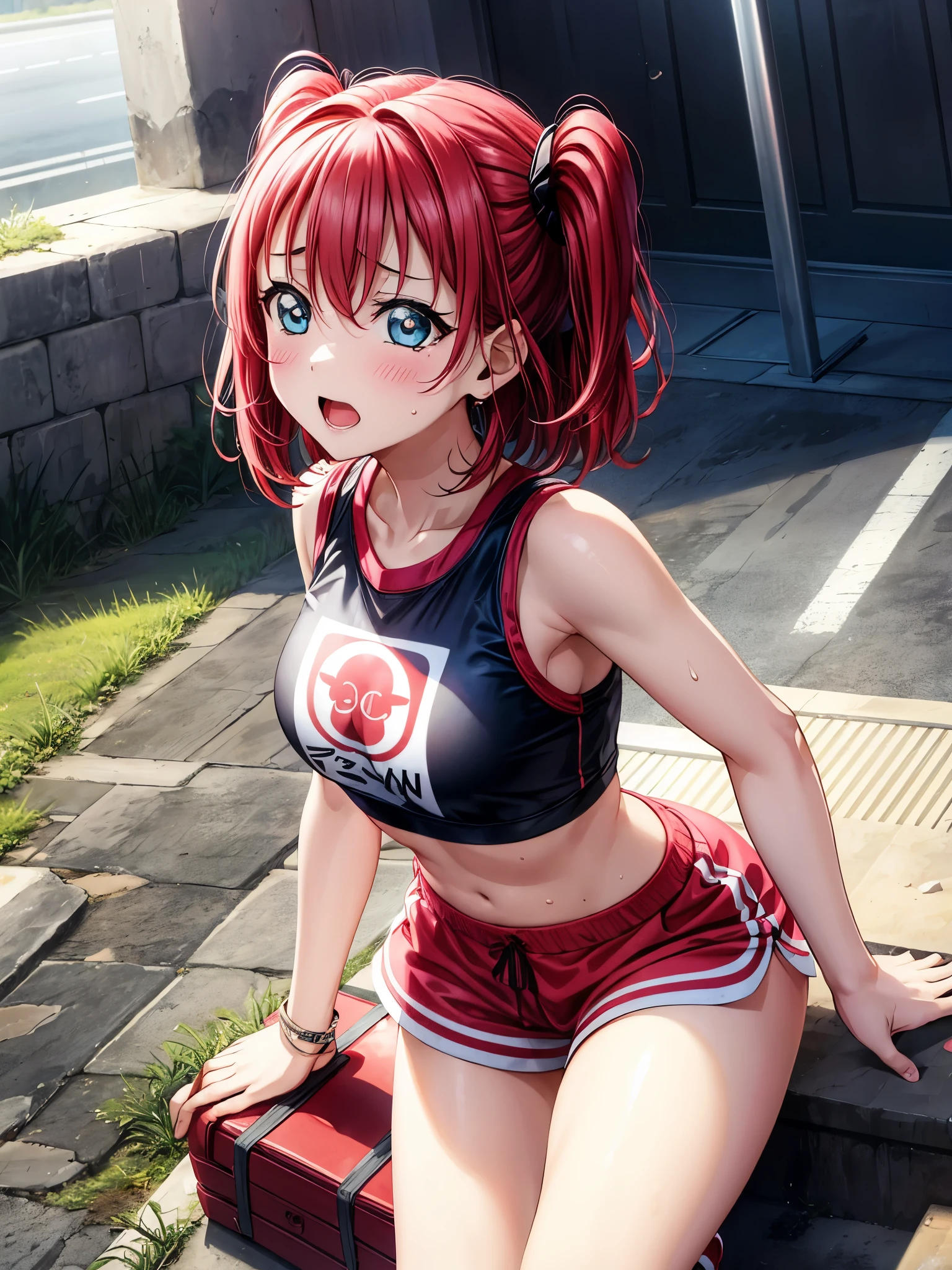 Kurosawa ruby,desire to have sex, (begging for sex:1.3),pink Crop top, white tight shorts ,soaked in sweat,sweaty, heavy breathing,red face,blunt hair,, standing, string thong bikini, sitting, crying, lust look