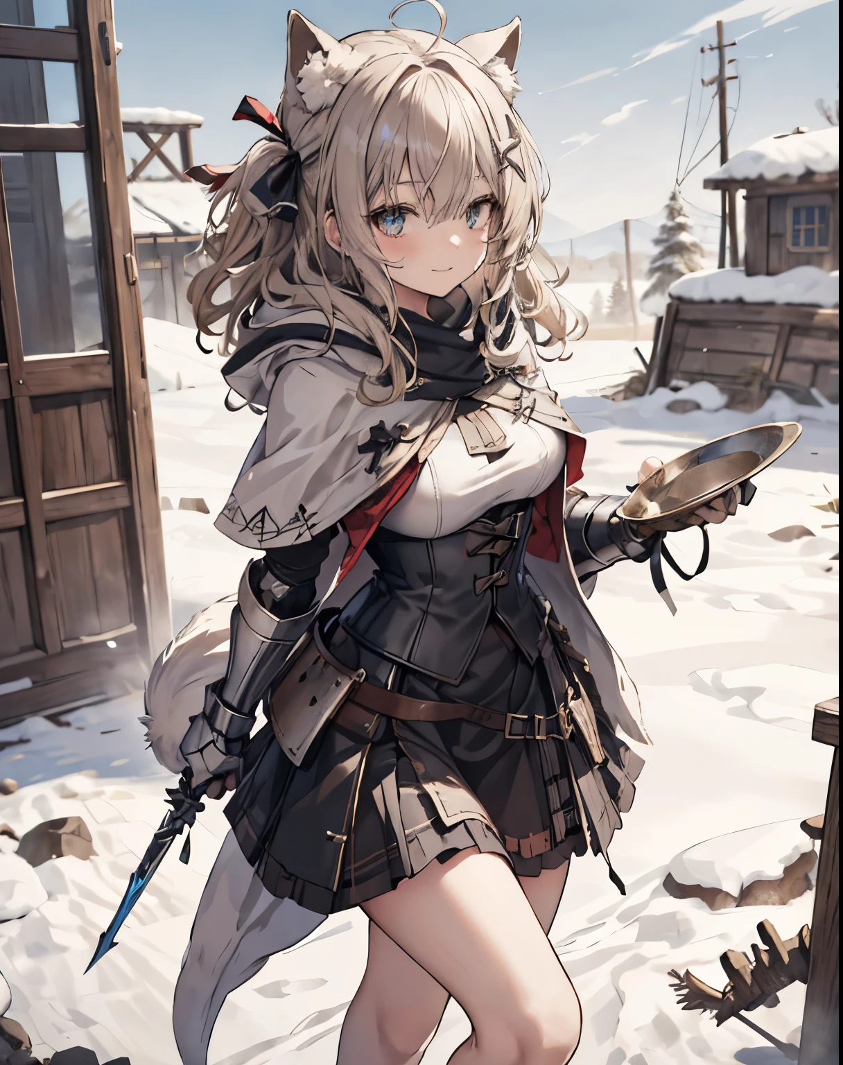 masterpiece,1girl, sparrow, a blonde haired girl, wearing a medieval knight armor, curly long hair, messy hair, black skirt, short white capelet with furry hoody, slim body, big breasts, she close her left eye, shirt ornament, ppai, hair ribbon, lovely smile, beautiful breasts, rounded breasts, crimson eyes, flared skirt, plaid skirt, she stands in the snow field, shiroko \(blue archive\, cat ears, knight armor