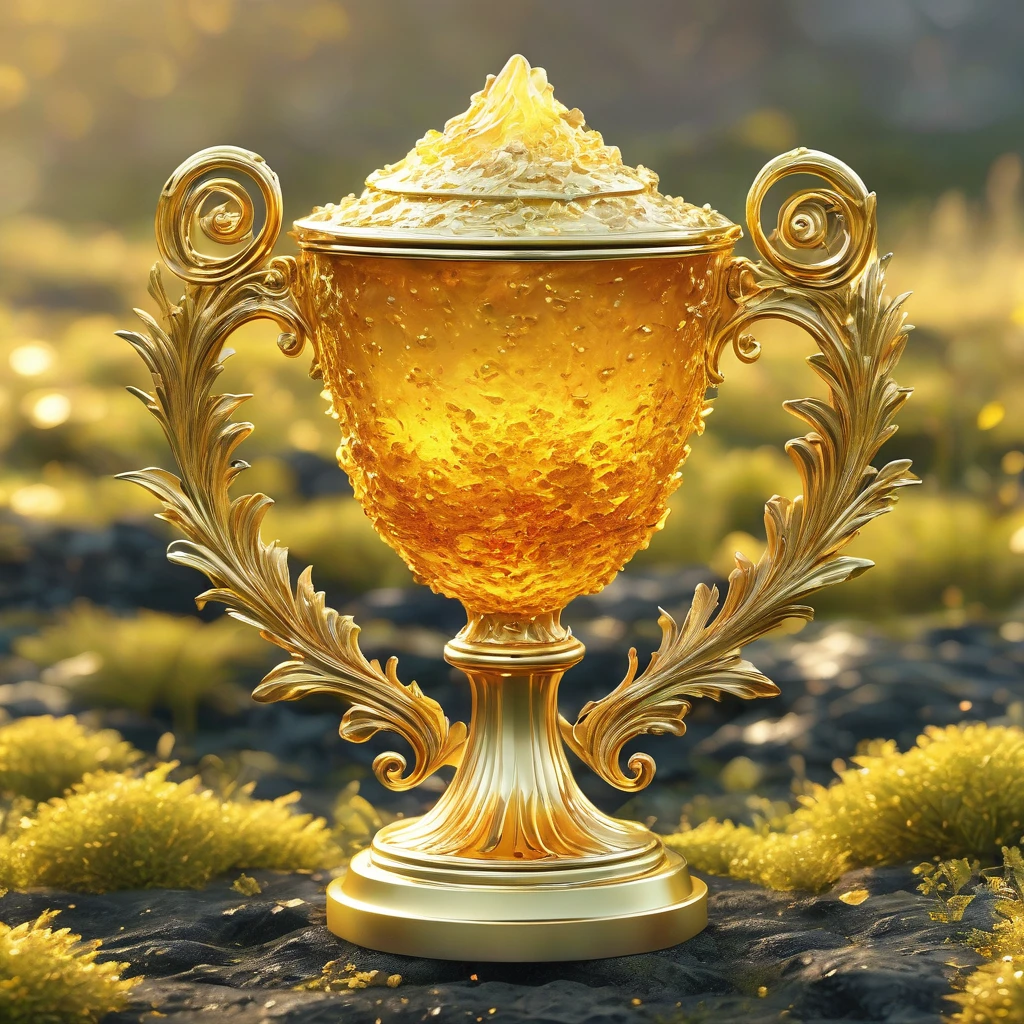 best quality, very good, 16K, ridiculous, Extremely detailed, Lovely(((Gold Trophy:1.3))),Made of translucent boiling lava, Background grassland((A masterpiece full of fantasy elements))), ((best quality)), ((Intricate details))(8k)