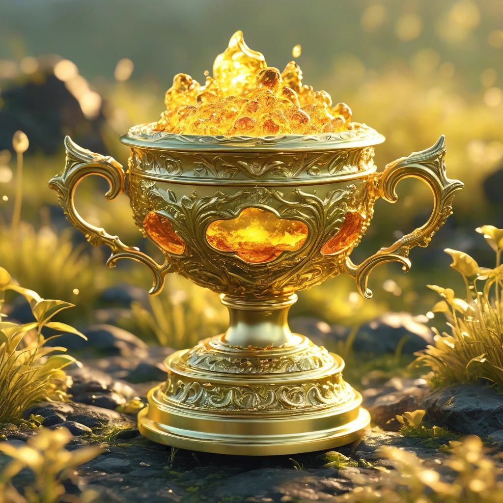best quality, very good, 16K, ridiculous, Extremely detailed, Lovely(((Gold Trophy:1.3))),Made of translucent boiling lava, Background grassland((A masterpiece full of fantasy elements))), ((best quality)), ((Intricate details))(8k)