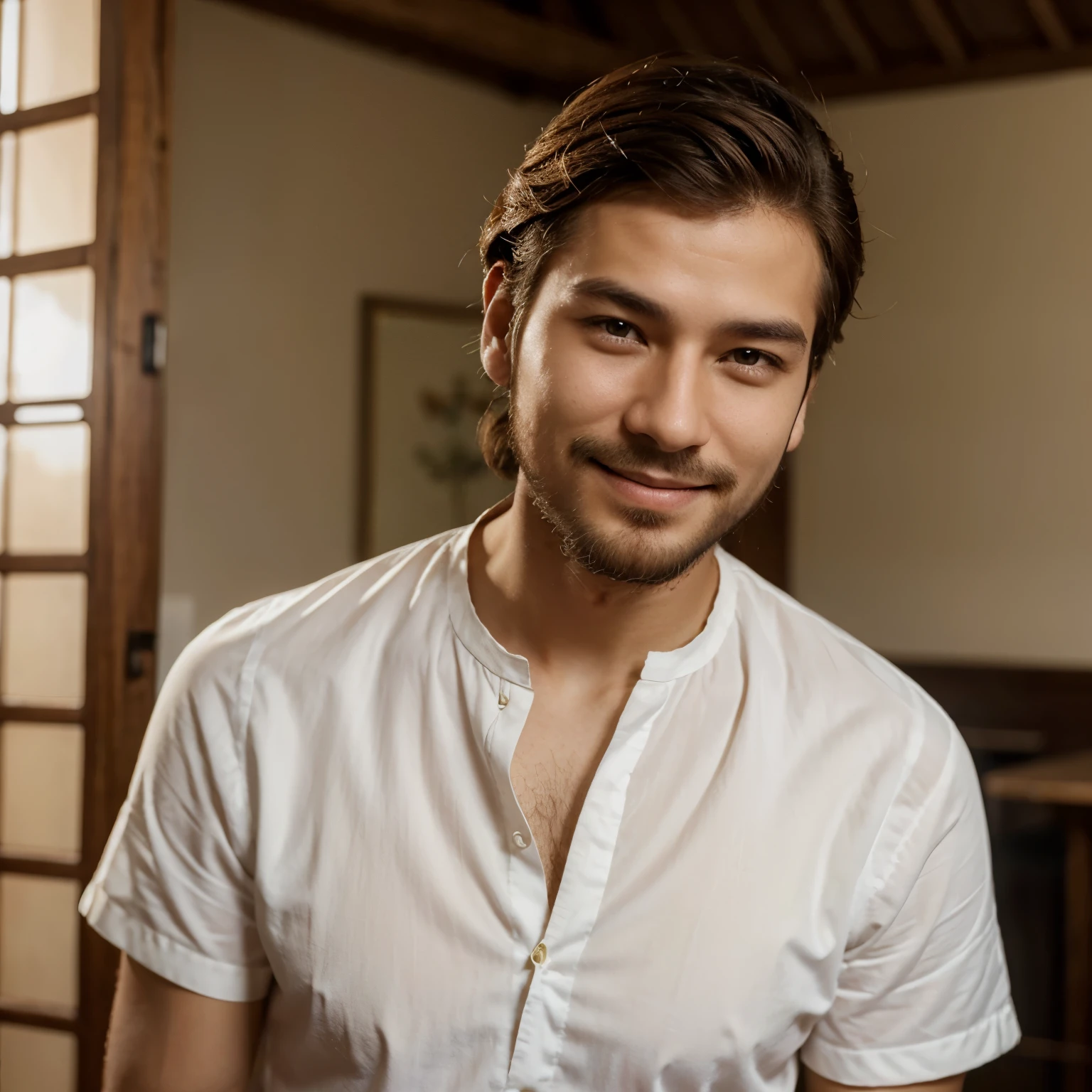 Jeune homme sans moustache ni barbe, cheveux roux souriant, chemise, tache de rousseaur, asiatique
