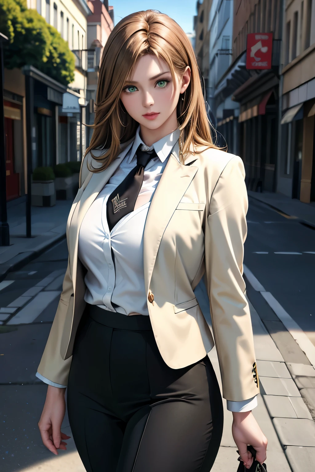 ((Caucasian,brown blond hair,smart green eyes)),(best quality,4k,8k,highres,masterpiece:1.2),ultra-detailed,(realistic,photorealistic,photo-realistic:1.37),HDR,UHD,ultra-fine painting,sharp focus,physically-based rendering,extreme detail description,professional,vivid colors,bokeh,((portrait)),1 girl,((catseye)),Daytime,In town,formal wear,hair band,suit,jacket,pants skirt,necktie,bank