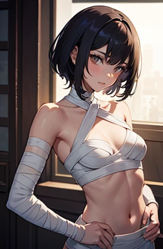 A girl with Small bust, Skinny body. Bandages are wrapping her bust, Bandage on her breasts