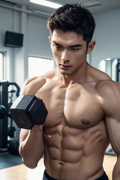 Handsome man , perfect model face，Muscle man ，Muscle perfection，Push with dumbbell grip