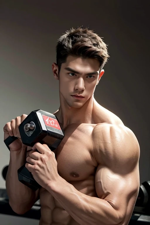 Handsome man , perfect model face，Muscle man ，Muscle perfection，Push with dumbbell grip