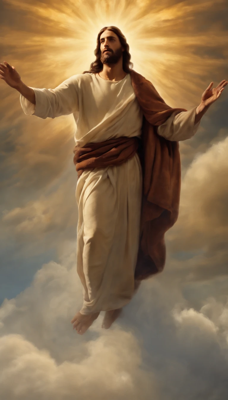 Jesus Cristo voando sobre as nuvens passando por Deus e seus anjos com armaduras Angelicais