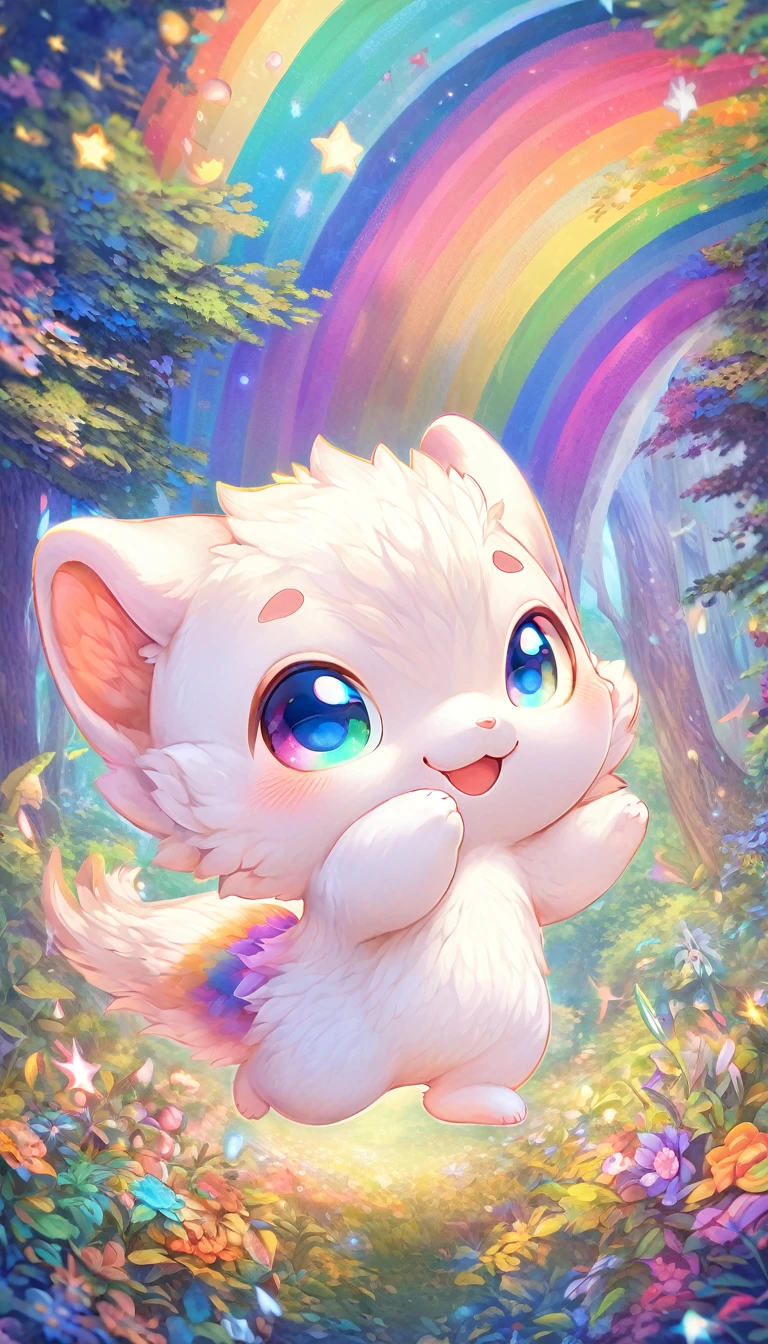 Super Deformation, Furry, interesting, highest quality, highest quality, 16k, A cute fluffy white flying squirrel, Big smile, Cute pose, in the forest, Fantasy world image, Fantastic and mysterious, Sparkling rainbow pastels and vibrant colors、Diverse visual style combining various artistic elements