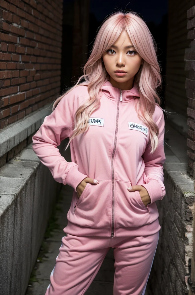 gyaru, dark-skinned, wearing　pink tracksuits, in night ruins