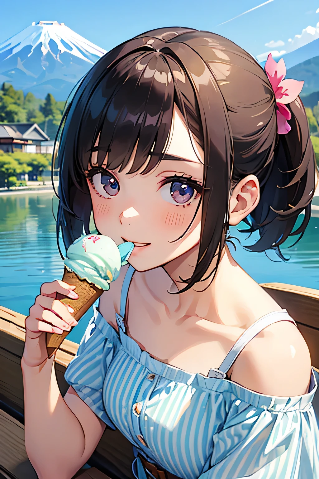 highest quality、High resolution、Detailed Background、(Beautiful face in every detail:1.4)、Anatomically correct、(Detailed facial expressions)、(Detailed eyes:1.2)、(Detailed eyes:1.2)、 beauty、(Highly detailed face:1.4)、Cute color hair color、ponytail、Bobcut、Cute hairstyle、well-groomed eyebrows、In a joking manner、A big smile、Do cute things、Fit on one screen、
(Two beautiful girls eating ice cream to beat the heat at a summer resort:1.5)、
The way she eats the ice cream with a smile and licks it is adorable.、
Light dress、Floral and fruit patterns、Dresses with bright colors and patterns, such as stripes、
Pair it with cool footwear such as sandals or espadrilles.、
Off-the-shoulder tops in bright colors and vibrant patterns、Create a light look with denim shorts、A shirt dress is an item that gives a clean impression.、
Brightly colored or striped shirt dresseark your waist with a belt to enhance your style、
Lake Kawaguchi and the Five Lakes of Yamanashi Prefecture:Located at the foot of Mt. Fuji, Lake Kawaguchi and the Five Lakes are summer resorts surrounded by beautiful natural surroundings.、You can enjoy a stroll or boat ride along the lake and the view of Mt. Fuji.