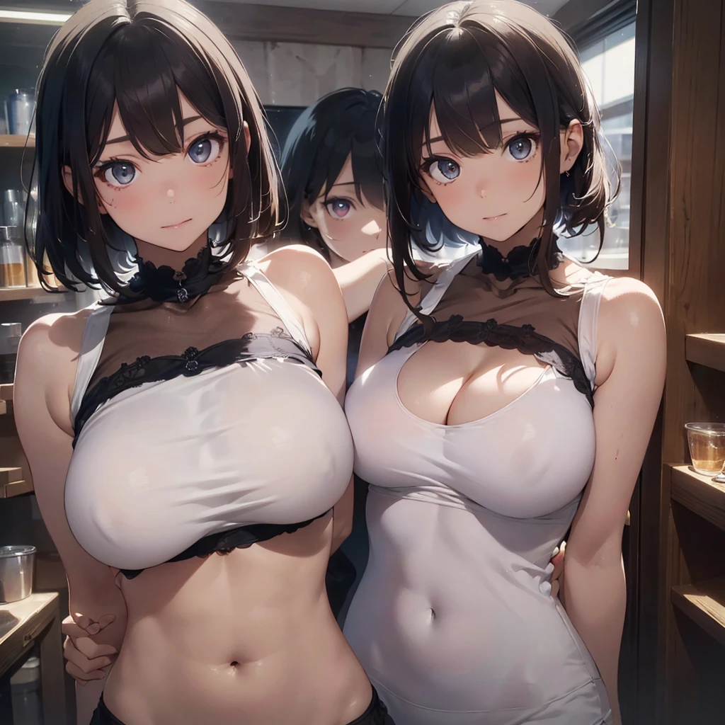 ((ultra-quality)), (in 8K), 2women(different hair style), (different eye color), ultla highres, Hyper Detailed, High contrast, Ultrafine Strike, creative refinement, absurdres, Realistic, extremely detailed CG unified 8k wallpaper, Highly detailed, High-definition raw color photos, professional photograpy, Realistic portrait, Cinematic Light, Beautiful detailed, 27 years old woman, ((Best quality, 8k, Masterpiece: 1.3)), Slim abdomen, ((Layered haircut, Large breasts: 1.2)), (no bra), (Sheer nipples), (Sheer areola), (breasts are covered with sleeveless bra top:1.2), , Highly detailed face and skin texture, (realistic skin:1.5), (shiny skin), (oily skin), (Best Quality:1.4), Super Detail, High quality, master piece, lifelike, Perfect face, Silly, (arms behind back:1.5), (Sharp Focus), (upper body), (close up), Delicate Beautiful Hair and Eyes and Face, Delicate eyes, radiant eyes, Lifelike, Hyper-detailing, (colossal breasts:1.6), (Big breasts:1.5), (Beautiful breasts:1.3), (arms behind back), (arms are down), Beautiful cute woman, camel-toe details, SFW, slim body