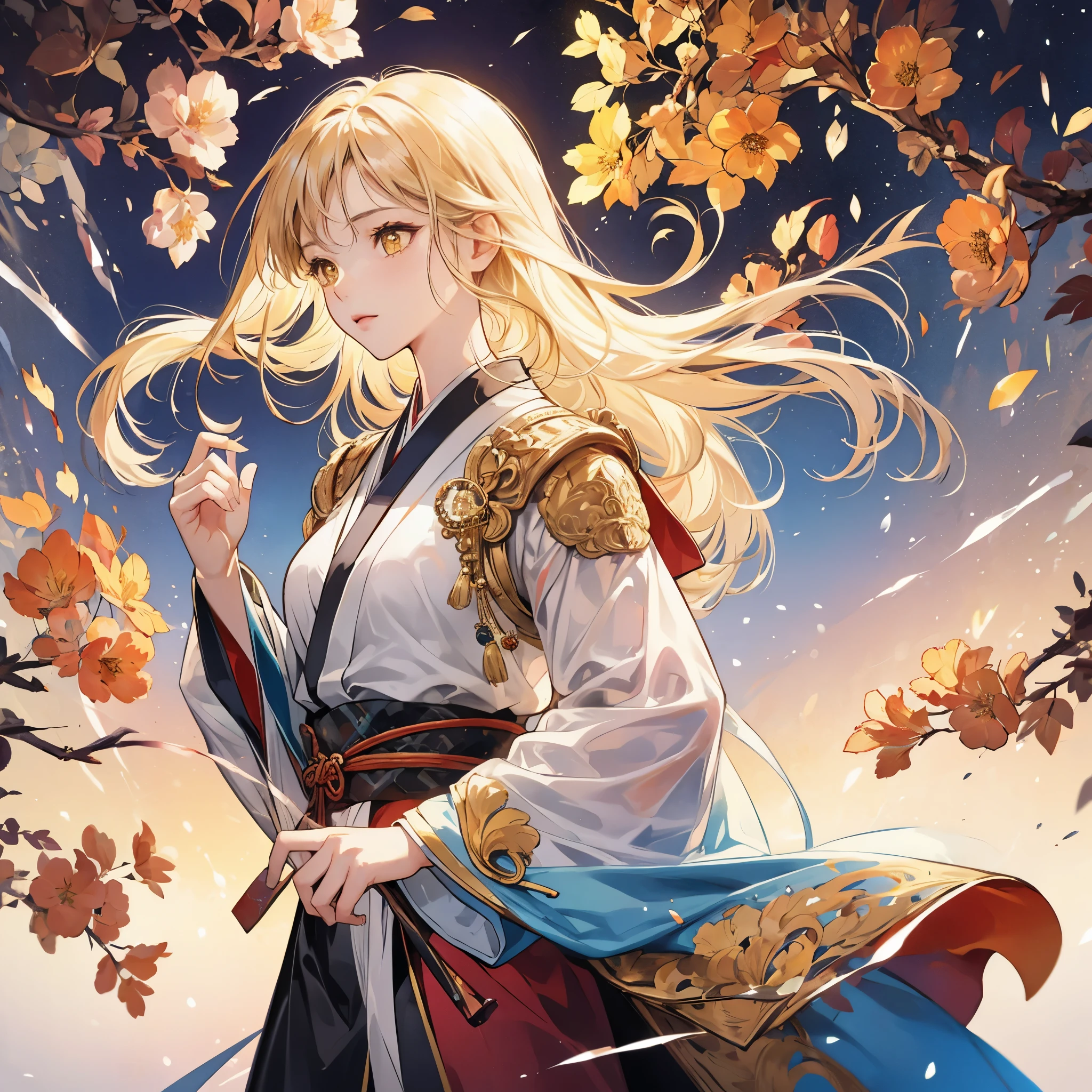 girl, Flowing blond hair, Yellow eyes, Golden Imperial Clothes, Neckline, Japanese cartoons, Clear sky in the background,Flashing lights, Dynamic Angle,