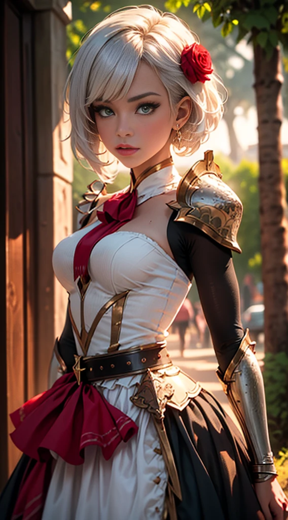 photorealistic, octane render, best quality, 1girl, , short girl, noelle gi, short hair, white hair, green eyes, braid, hair flower, red rose, knight armor, fantasy armor, maid skirt, belt, looking at viewer, sharp focus, (8k), (4k), (Masterpiece), (Best Quality), (realistic skin texture), extremely detailed, intricate, hyper detailed, illustration, soft lighting, high resolution, sharp detail, vivid, colorful, outdoors, nature, 