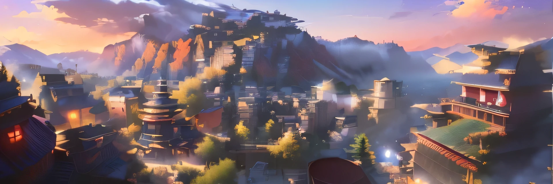 (best quality,4k,8k,highres,masterpiece:1.2),ultra-detailed,(realistic,photorealistic,photo-realistic:1.37),3D modeling,(cityscape,urban landscape,urban view),(mountain background,mountainous backdrop),mountain scenery,dojo on the mountain,official artwork,official concept art,(Naruto,Naruto Shippuden,Naruto anime) art style,(official,officially licensed) art,(detailed background,background artwork),background design,anime background art,anime scenic view,stylized concept art,town scenery,Avatar-like scenery