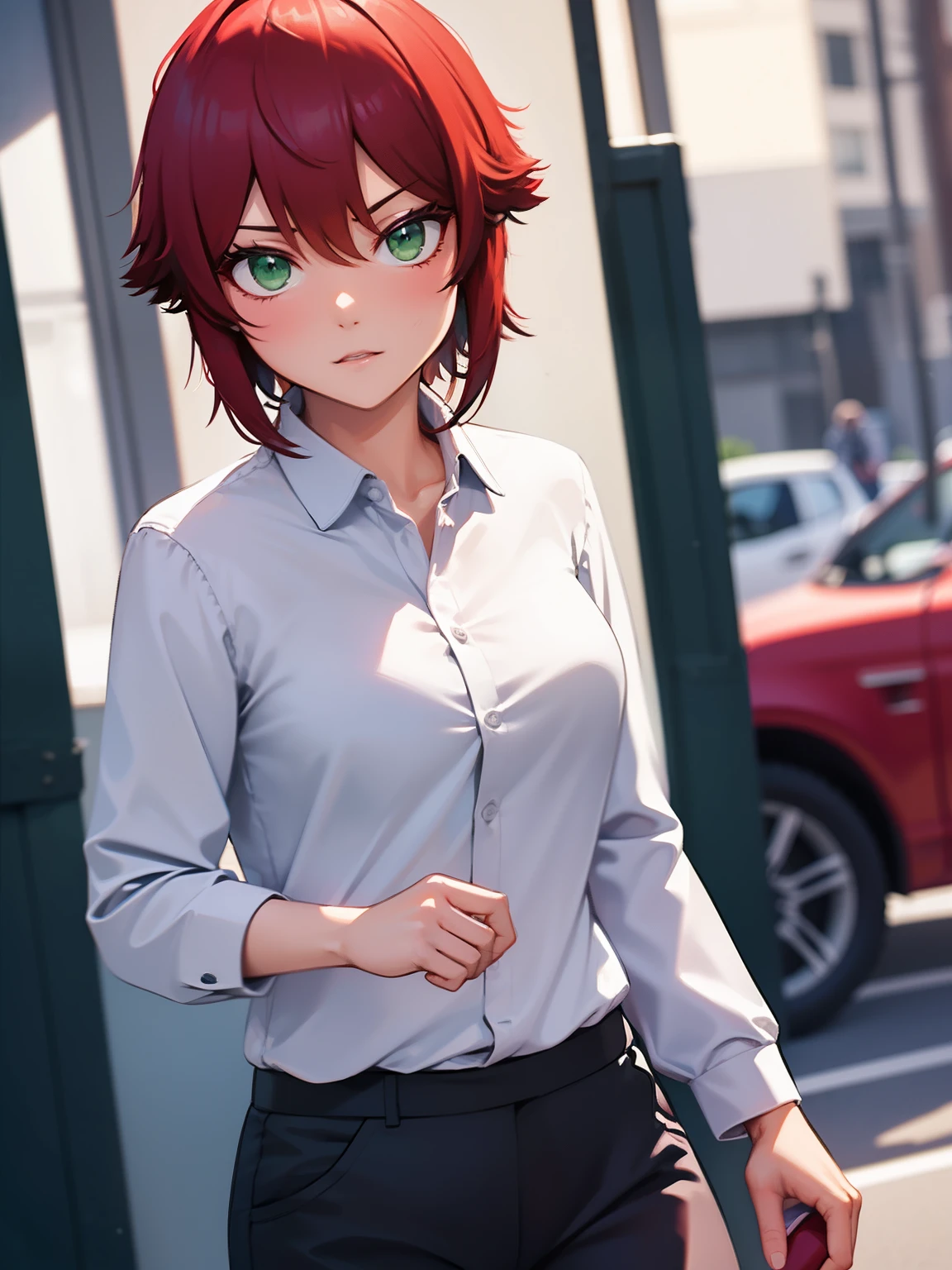 8k, best quality, masterpiece, ultra-detailed,1girl,solo, green eyes, throwing stones,short hair, eyes,red hair,white shirt,white shirt,Long-sleeved shirt,black trousers,ultra detail, ultra HD