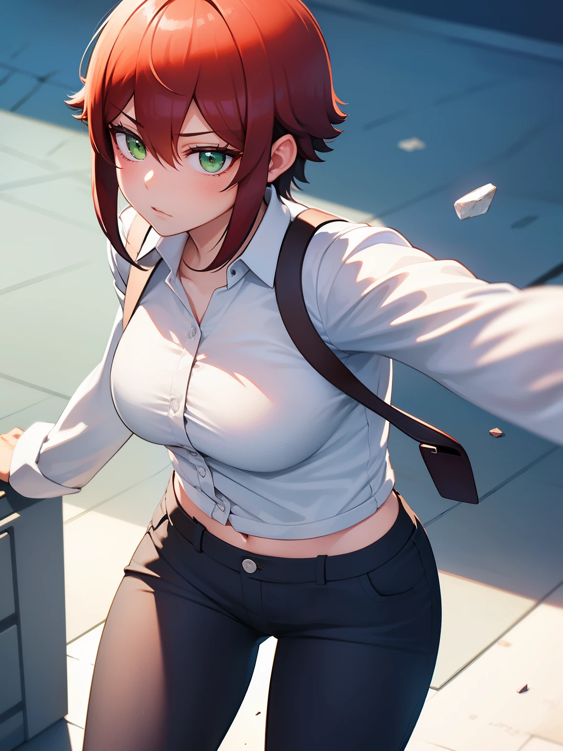 8k, best quality, masterpiece, ultra-detailed,1girl,solo, green eyes, throwing stones,short hair, eyes,red hair,white shirt,white shirt,Long-sleeved shirt,black trousers,ultra detail, ultra HD