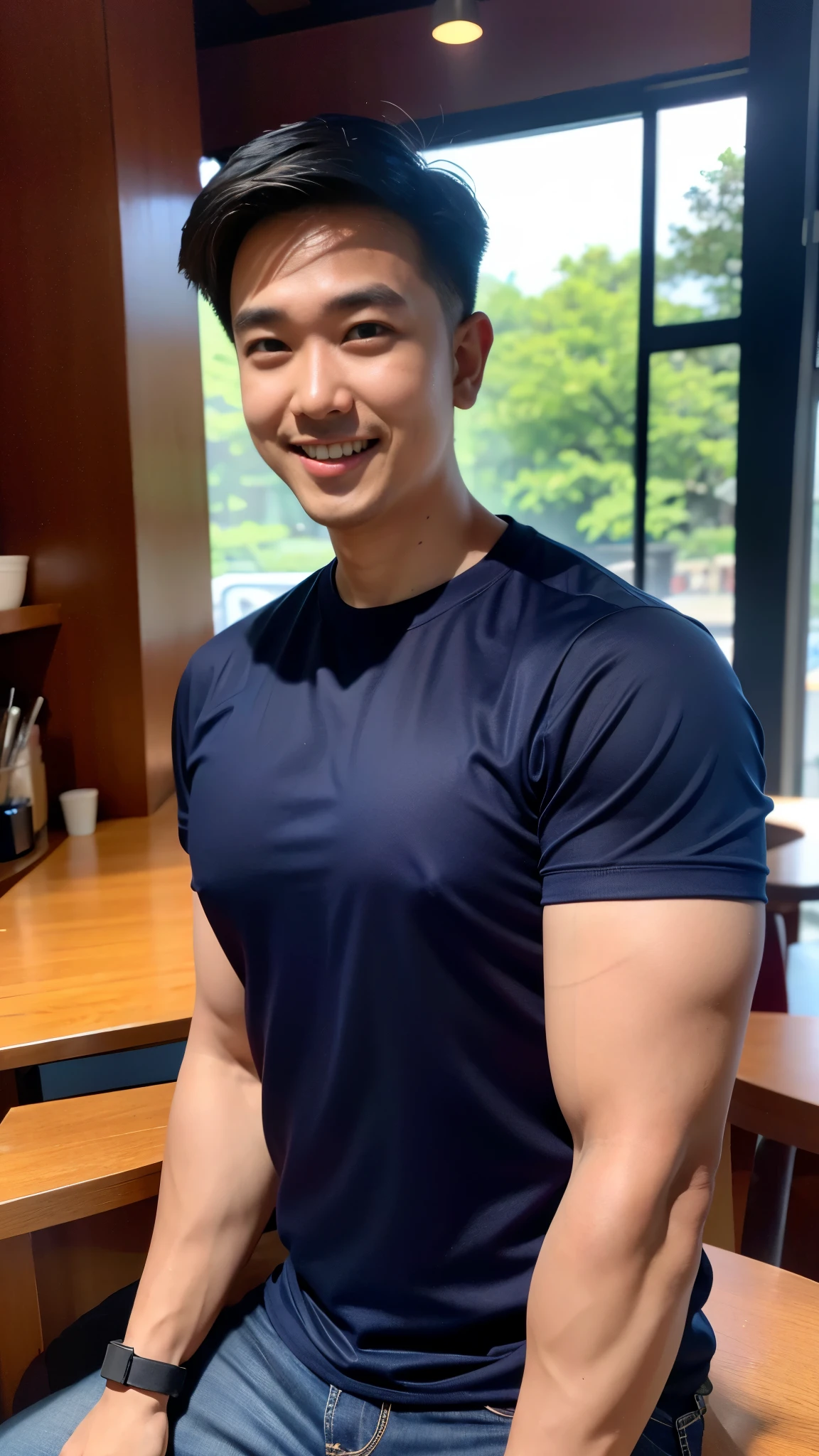 1 man in the middle of the picture, smile, (Wear a dark navy round neck shirt., short sleeve shirt ยี่ห้อ under armor), (jeans), (Korean people) , korean men, (Realistic lighting), looking at the audience, Balancing eye contact), in the coffee shop, cafe
