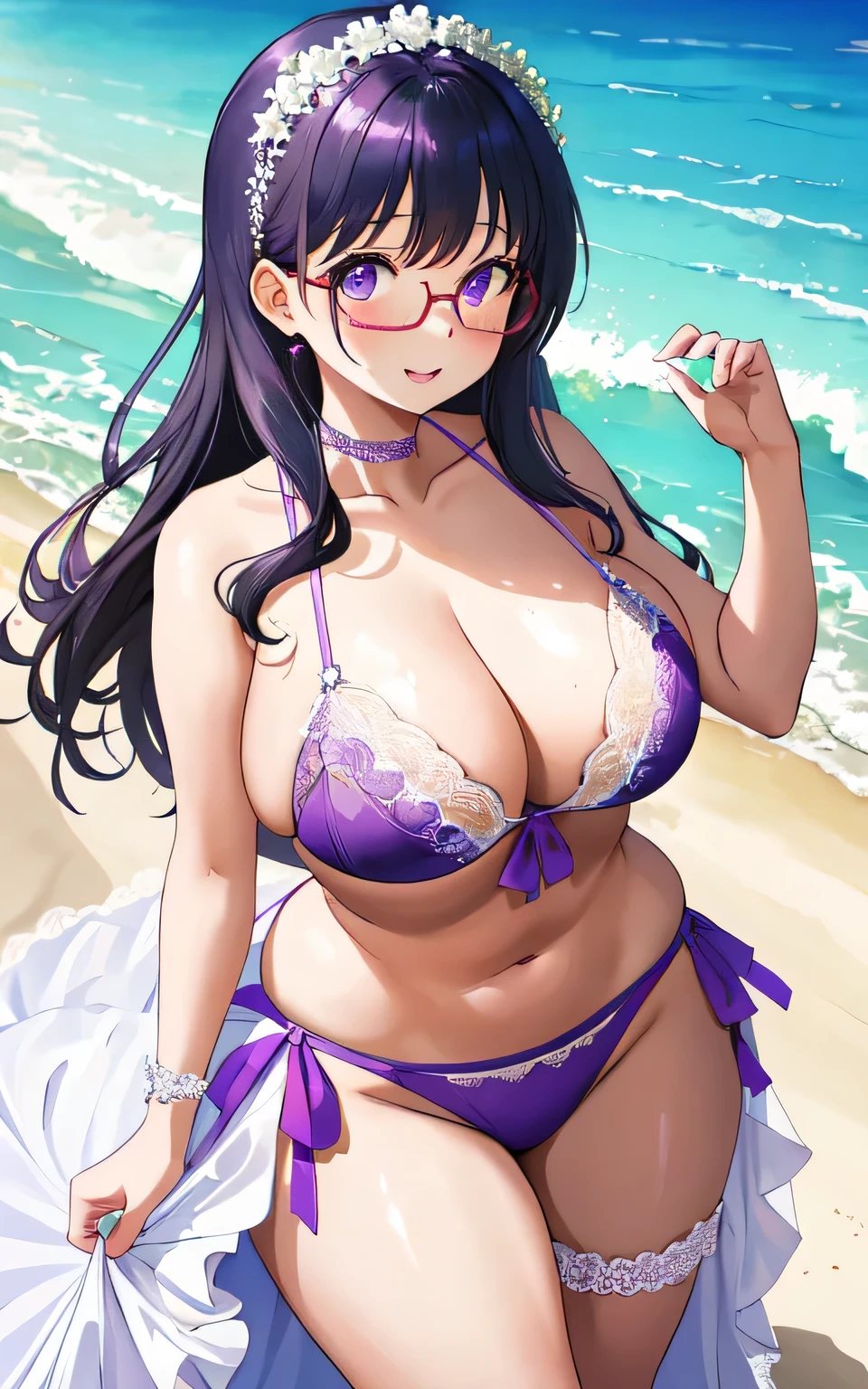 A 6--old l with big breasts, plump body, round, dressed in a purple wedding dress, lace bikini, on the beach, wearing glasses, wearing a thin tulle