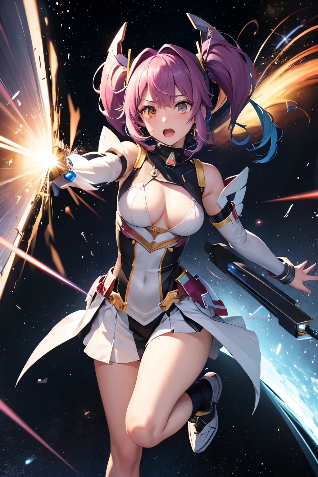 (overhead view) Cute redhead with rainbow colored hair tips, ribbons in her hair, 1 woman, happy, smiling, in twin tails, perfect eyes, clear sparkling blue eyes, pale skin, silky smooth white skin, alabaster skin, flying a fancy metal luxurious space ship, futuristic cockpit, she's a pilot, outer space seen in windows, dark warm lighting, wearing a futuristic (chemise) party dress, low cut top, pleated (chemise) mini dress (pastel rainbow colors, and polka dots), puffy sleeves, ((also wearing pantyhose on her legs: 1.2)).