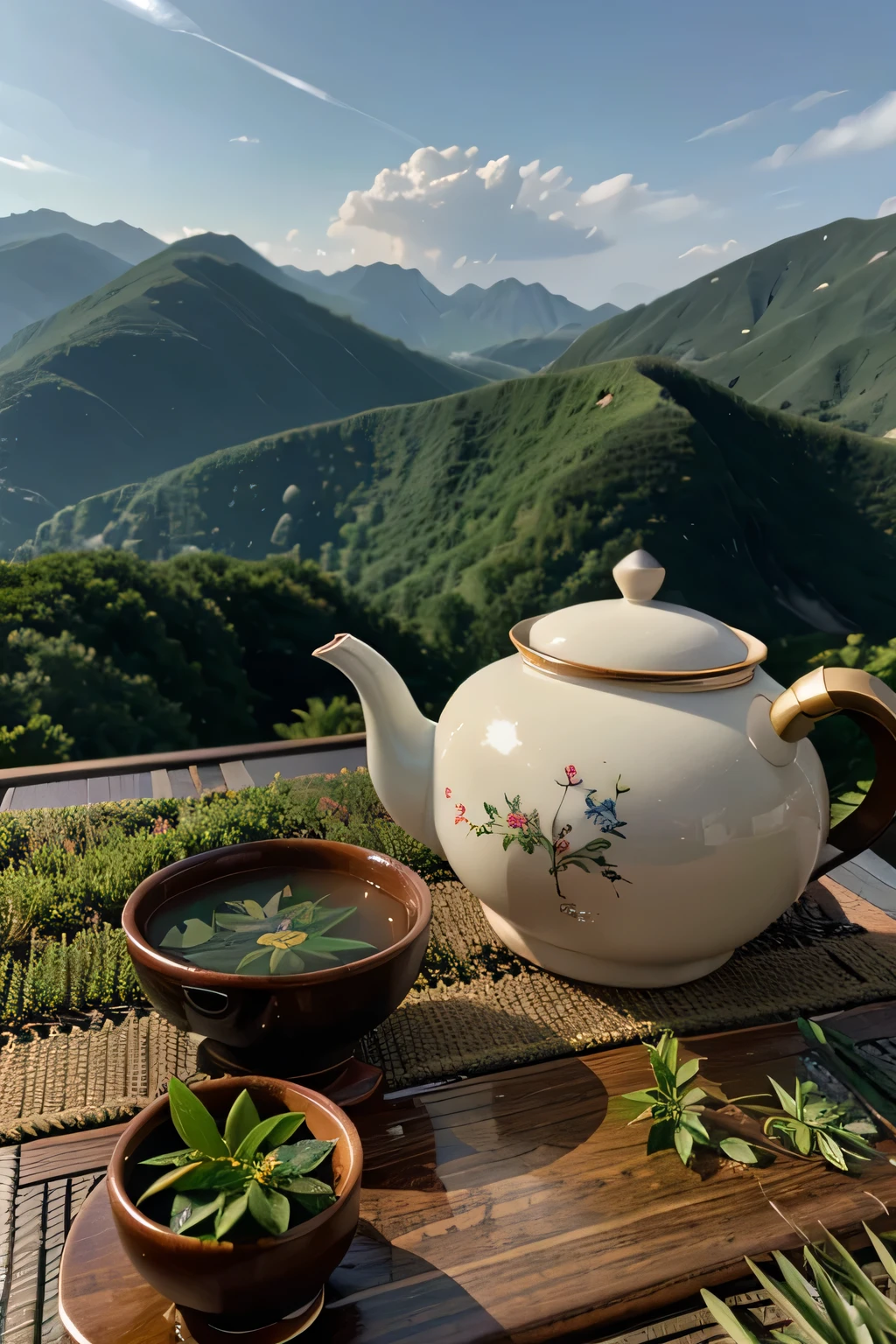best quality, Ultra-high resolution, (Reality:1.4), Tea Leaves, Tea, plant, landscape, background
