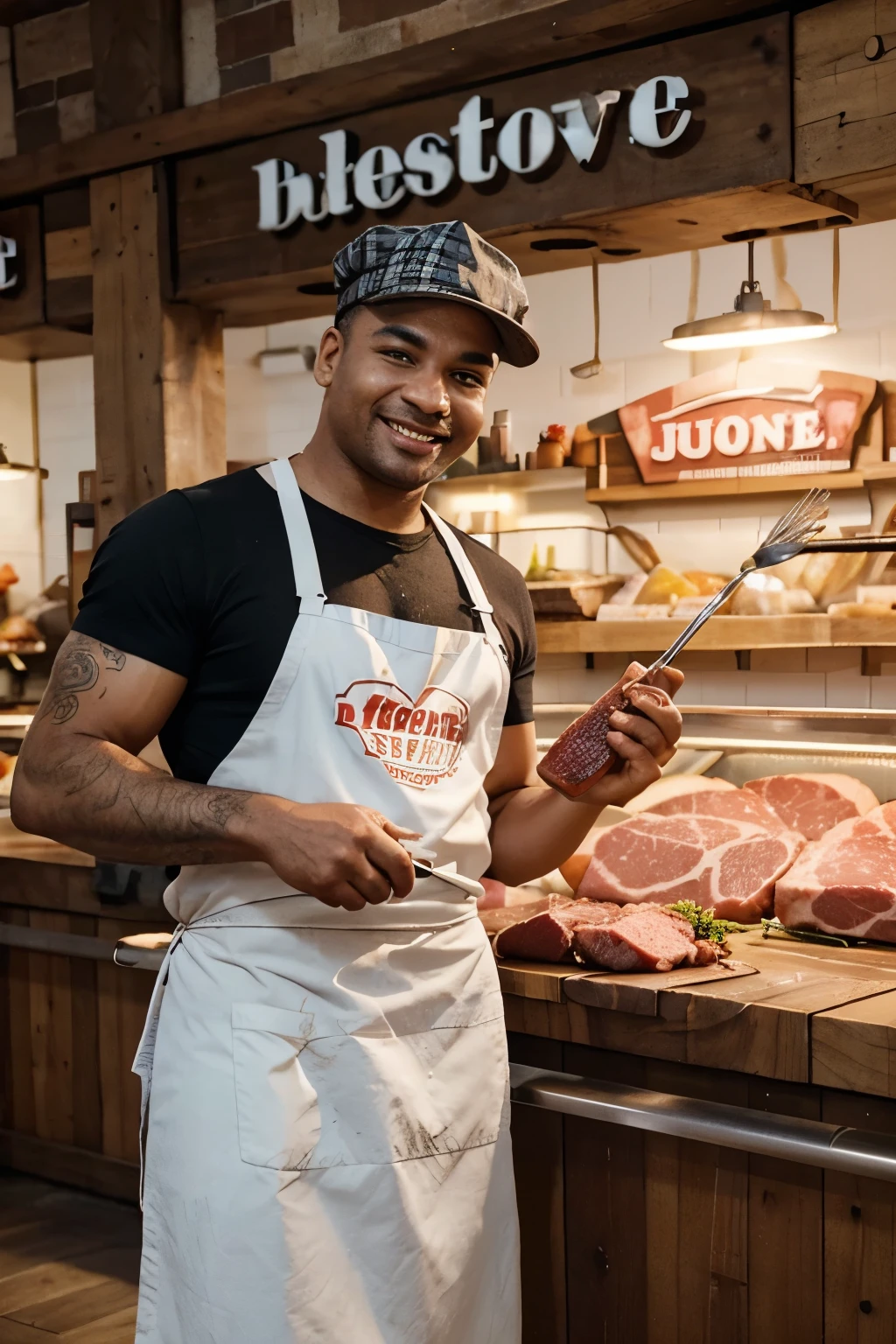 "Create a vibrant and welcoming scene of a cheerful butcher proudly displaying a juicy piece of meat. In the background, depict a stylish and well-organized butcher shop, with gleaming utensils and products arranged attractively. Convey the feeling of satisfaction and excellence in this environment, where the quality of the products and attentive service are evident
