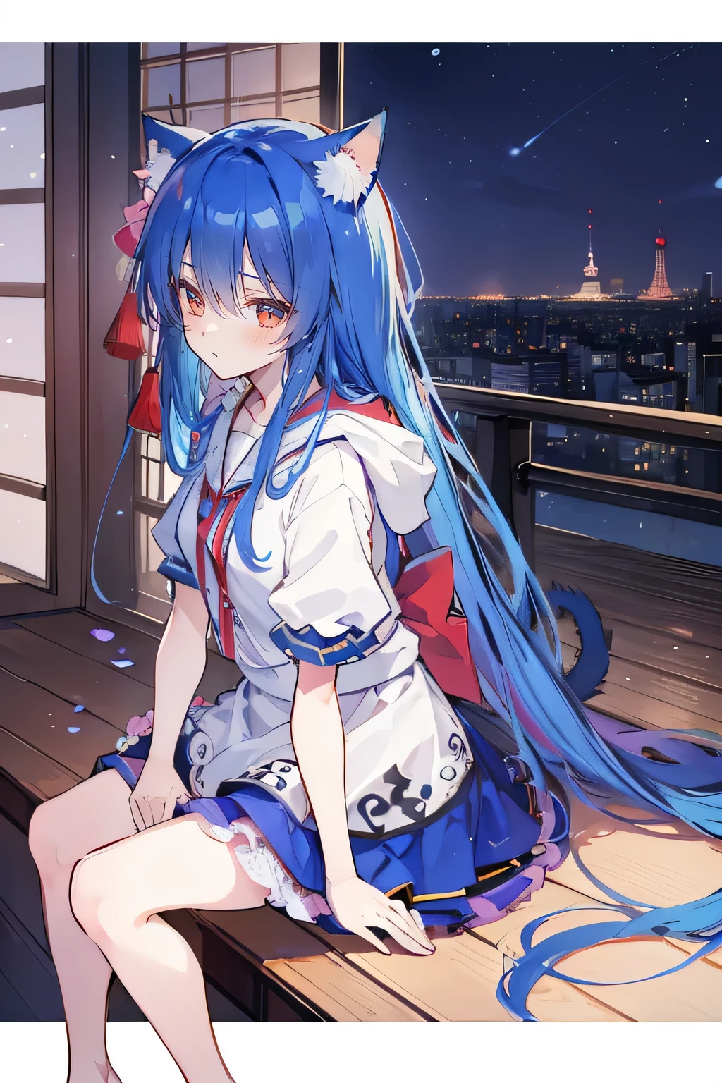(masterpiece:1.2),Super detailed,lifelike,Expressive eyes,fair skin,perfect face shape,1 girl,
Japanese comics,Gorgeous blue hair,flowing blue hair,flowing clothes,Cat ears,Petals fall,beautiful lola,Baby Angel,sunrise,
Cross your legs,Gentle and peaceful background,The pavilion is cool and comfortable,smile, wearing hoodie, background of tokyo,back views,snowing, winter.