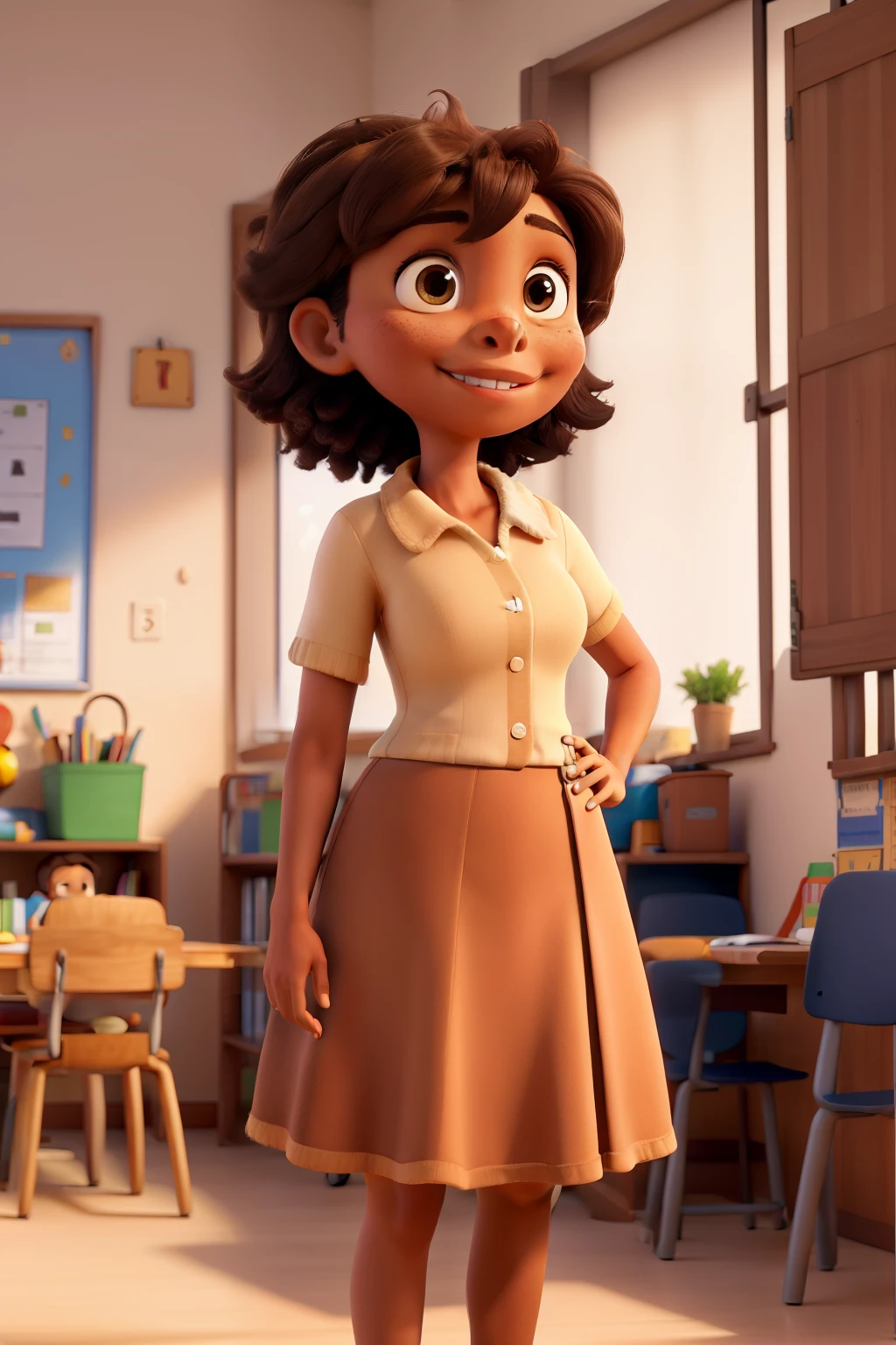 obra maestra, mejor calidad, from a kindergarten teacher,  Flaca, wheat skin, brown colored smooth fur, con uniforme rojo,  na sala de aula