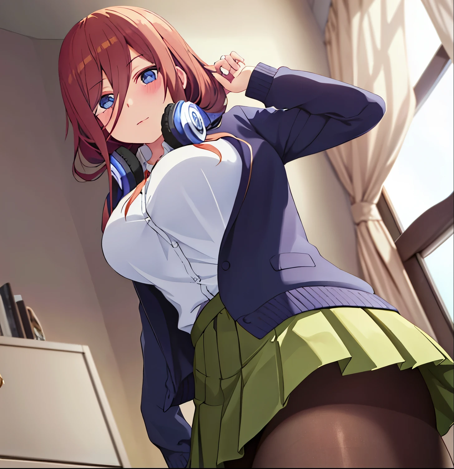1girl, alone, miku nakano, long hair, bangs, blue eyes, brown hair, shirt, hair between eyes, headphones, headphones around neck,Skirt, shirt, long sleeves, white shirt, pantyhose, pleated skirt, black pantyhose, cardigan, green skirt, blue cardigan,indoors, bed, bed room, on side, blush, drunk, from behind,big breasts, medium waist, wide hips, medium thighs, round butt,looking at viewer, pov (from below),cowboy shot, dutch angle, perfect hands, perfect anatomy