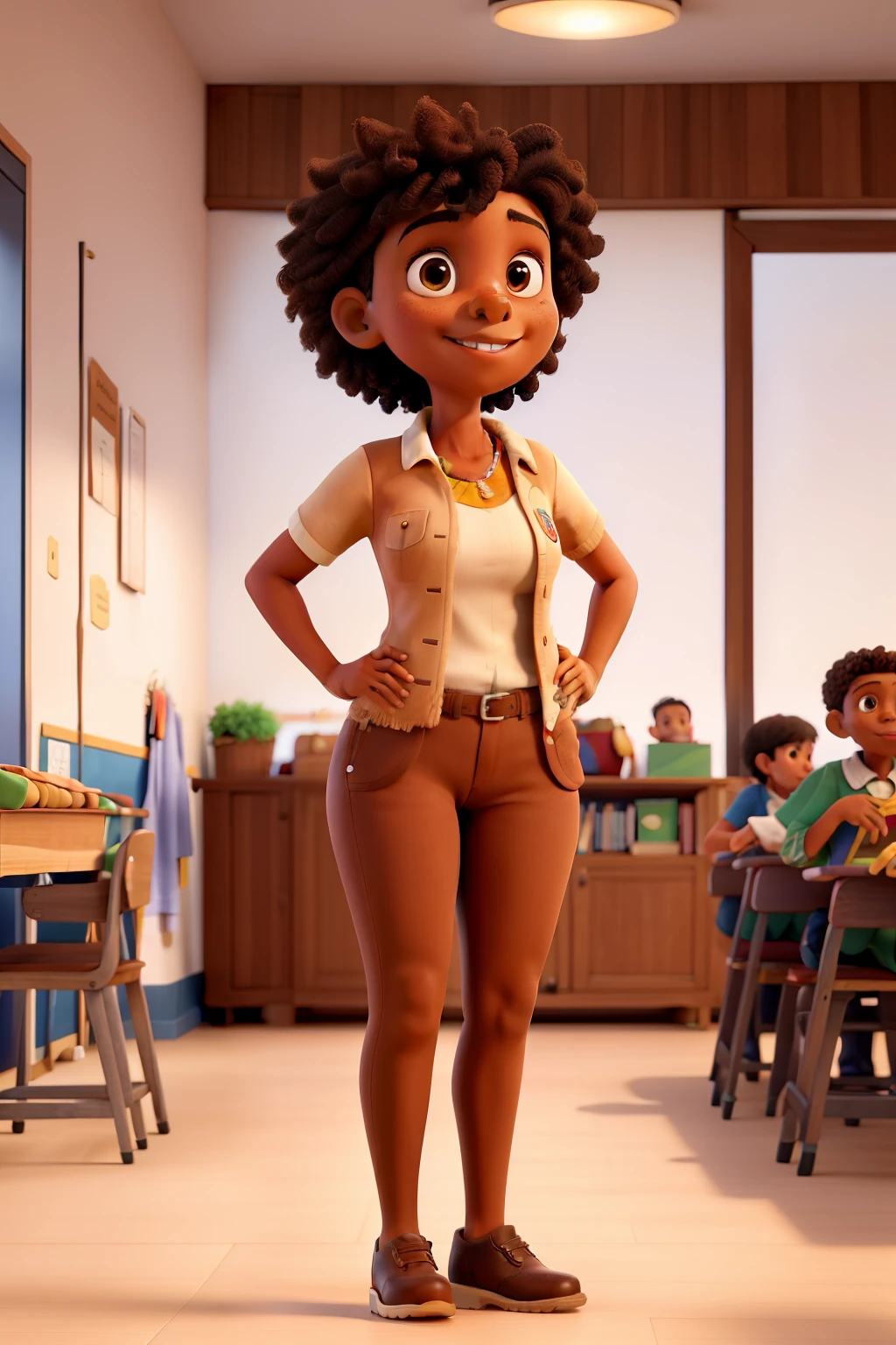 obra maestra, mejor calidad, from a kindergarten teacher, Flaca, wheat skin, brown colored smooth fur, con uniforme rojo, na sala de aula