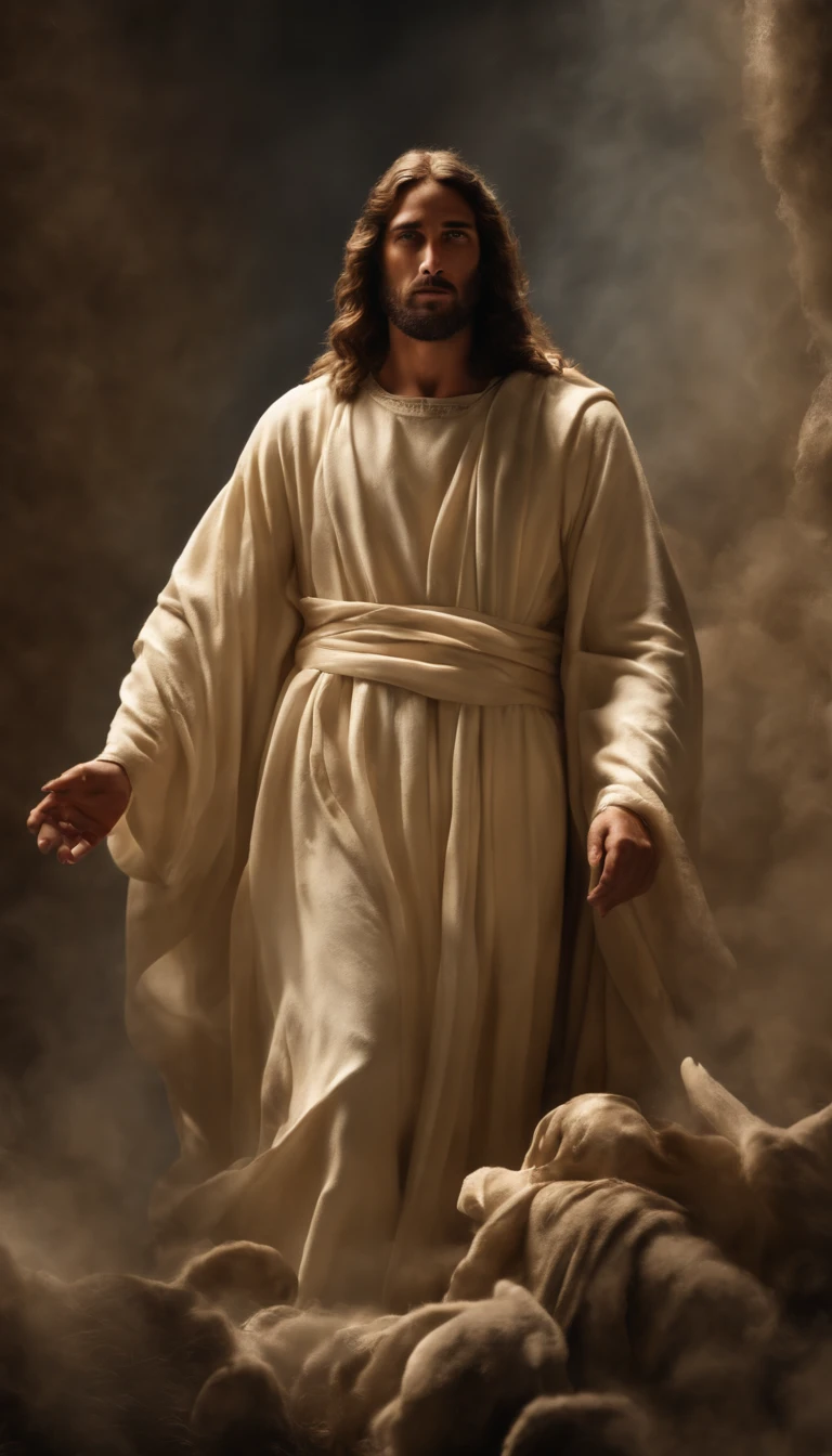 Jesus Cristo voando sobre as nuvens passando por Deus e seus anjos com armaduras Angelicais