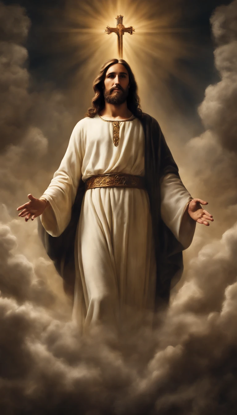 Jesus Cristo voando sobre as nuvens passando por Deus e seus anjos com armaduras Angelicais 