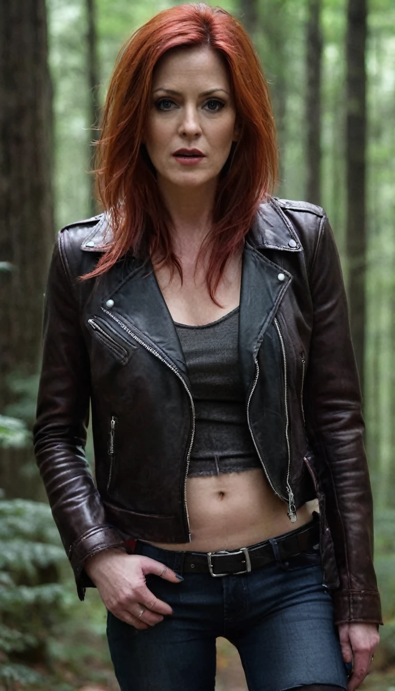 Hyper-realistic, ultra-detailed, Raw, masterpiece. dark forest. 40-years-old woman. on face: fright, depraved. (leather jacket), flannel shirt, (heels), (leather stockings-boots:1.2), (fuck-me-boots), (chabby jeans), shortness of breath, Trapped in lust, defenseless, Copper-red hair, sweat, hard breath, full body