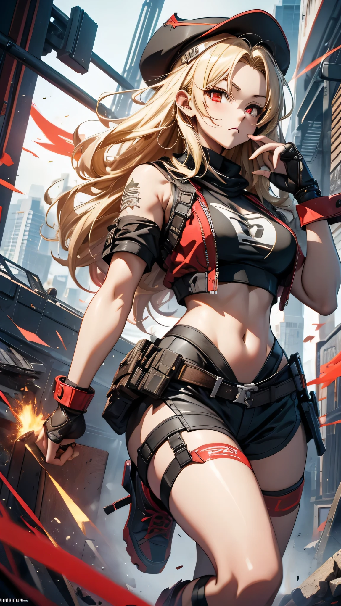 最high quality、Best image quality、masterpiece、girl((Age 25、 By becoming、Best Bust、Medium Bust,Wide open breast tea、Red glowing eyes,Blonde、Red Mesh、Disheveled Hair、Lointail、thin,The highest valley、Open chest、Luminous Wristbands、hair ornaments、Show the whole body,Black tank top、Red Bandana、Shortuscular、revolver、scar、Military Cap、Shooting Pose、Full body scar、Fighting Pose、Short sleeve jacket)),high quality、Beautiful art、background((Photography room))、Flight、Flying debris、Written boundary depth、movie、Visual Arts、Perfect art、8K,Genuine,