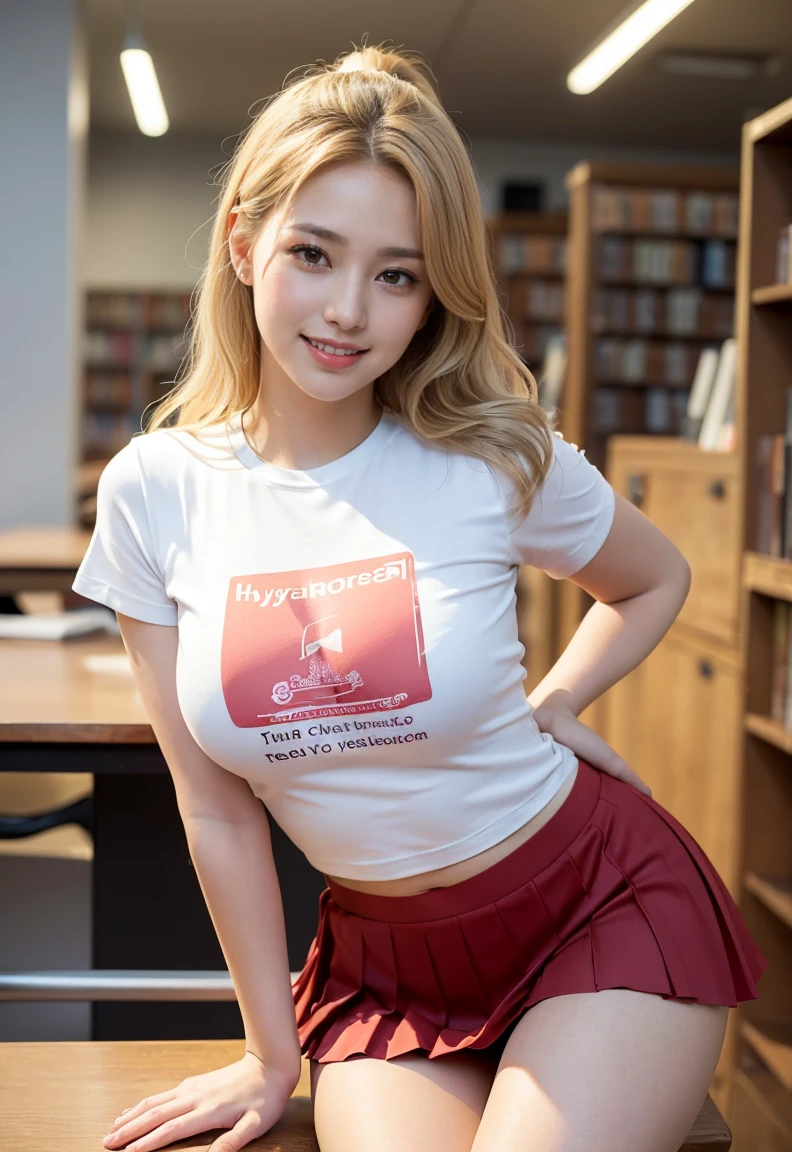 (((neat woman,Bright-eyed excitement,kind big smile,blush,blush,red cheek,please touch me,tempting viewer,i want you))),(all fours,all fours,hip higher,her fingers on the chest),((((blush,red cheek)))),(cinematic lighting), (Photo real:1.4)、(A hyper-realistic:1.4)、(Photorealistic:1.3)、 (gentle lighting: 1.05)、(Improve the lighting quality of your video:0.9)、 32k、25years old woman、photorealistic lighting、Back lighting、Facial Lights、Ray Trace、(bright:1.2)、(Increase quality:1.4)、 (best quality real texture skin)、Fair eyes,delicate face、 Close-up of the face, ((Wearing the printed high-neck t-shirt,(no printed pleated skirt),high-heel),(Bodyline mood improvement:1.1)、Glossy skin、Korean Idol、Nogizaka Idol、good figure,perfect anatomy,Beautiful actress,(((beautiful huge breasts,slender waist,slender hip,long slender legs,8heads tall))),(((8heads tall))),(((blonde wavy hair,blonde pony-tail hair,curtain bangs))),(((in the beautiful modern office of library,super clean night view,in the night))),