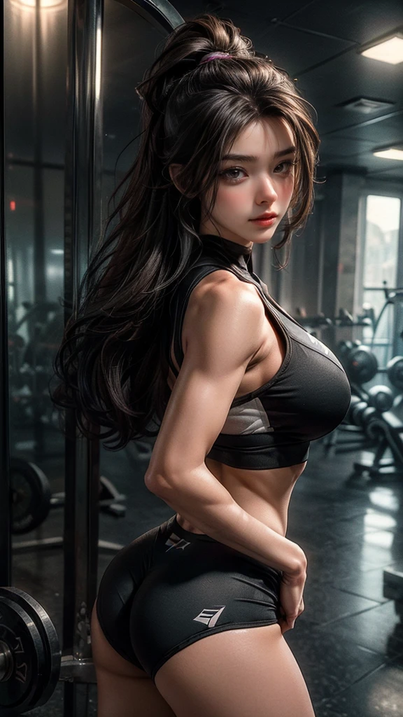 ((Masterpiece)), ((ultra realistic)), a gorgeous brunette taking a selfie in a modern gym, barbell racks in the background, she has an expression of confidence and a slight smirk, she is wearing a sexy gymshark workout outfit, large breasts, big butt, the scene has a dark aesthetic with dramatic cinematic lighting, highest quality, Instagram model aesthetic