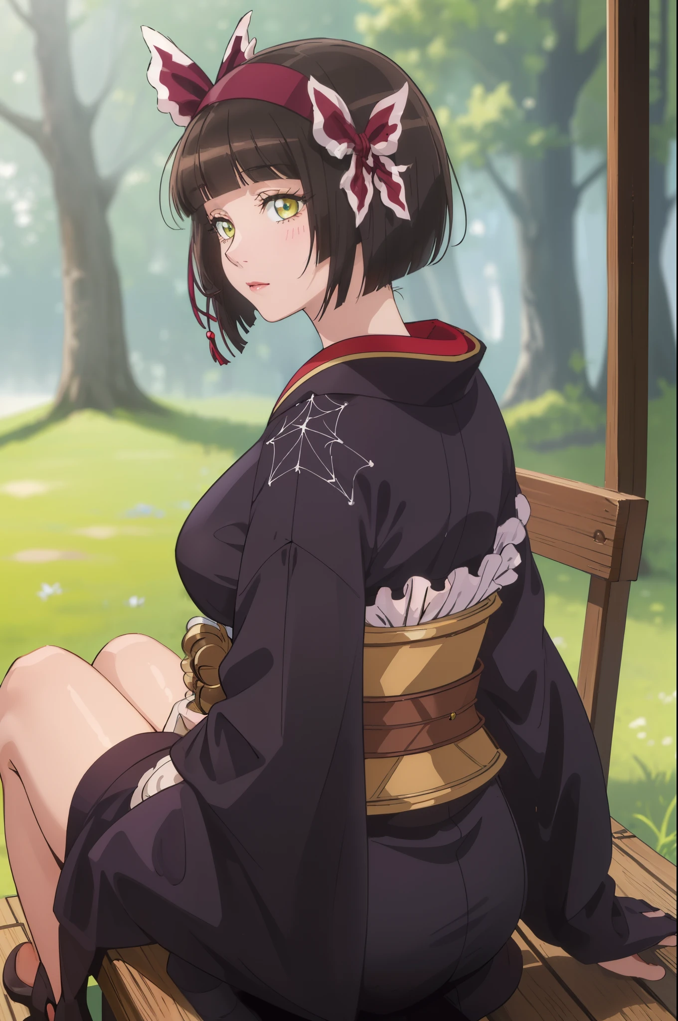 (masterpiece:1.2, best quality), (finely detailed beautiful eyes: 1.2), (extremely detailed CG unity 8k wallpaper, masterpiece, best quality, ultra-detailed),1girl, sitting down on bench, mio, large breasts, hairband, japanese clothes, purple kimono , black gloves, hair bow,spider web print, sash , obi, hair ribbon, High contrast, (best illumination, an extremely delicate and beautiful),(simple backround, outdoors, front on), looking at viewer,beautiful detailed glow, (beautiful detailed face, beautiful detailed eyes)