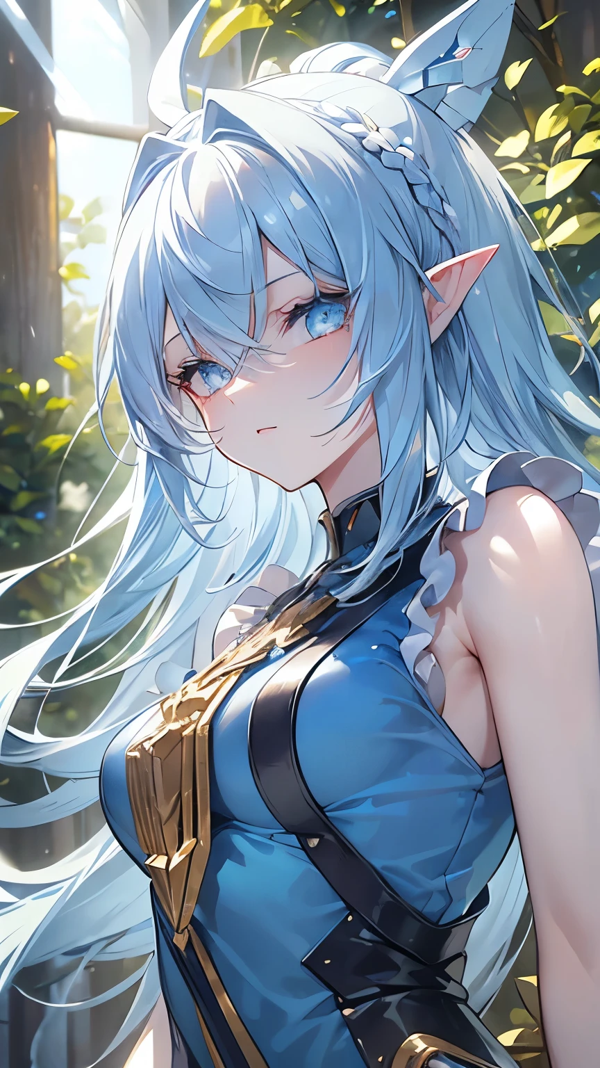 ((Light blue hair)), Highly detailed face and eyes, (Medium Hair), jewelry, Yellow hair band, Long pointy ears, anime, masterpiece, Textured skin, (Super Detail), Awards, (highest quality), Fairy, in the forest, wood々Sunlight shining through, (Blue Tank Top), whole body, Beautiful feet, eyeball, Tsurime, blue eyes