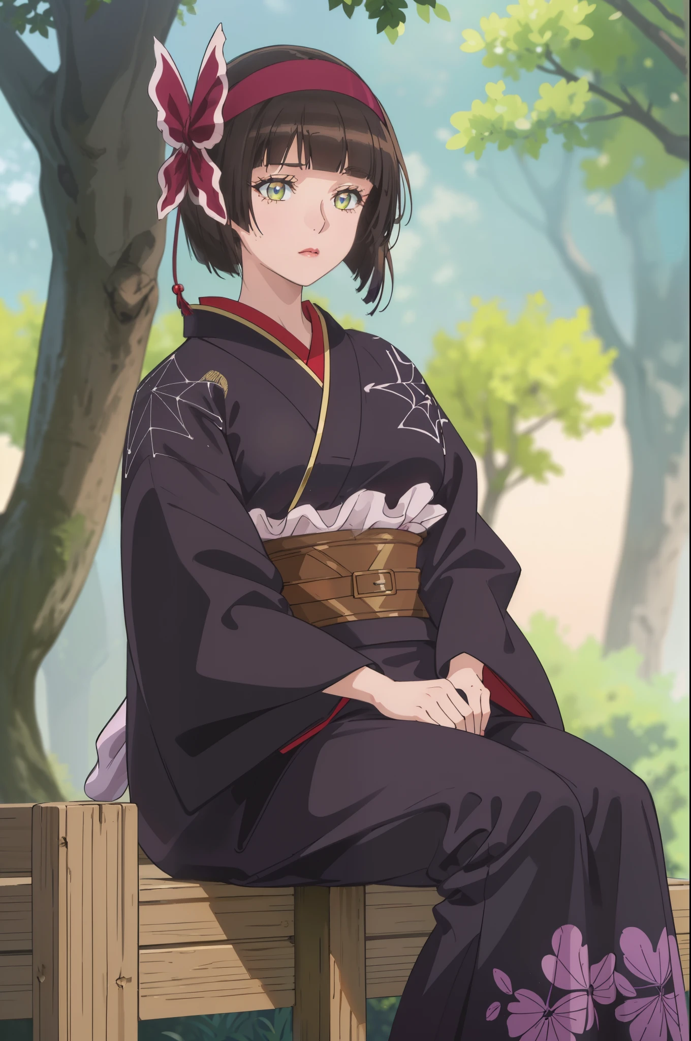 (masterpiece:1.2, best quality), (finely detailed beautiful eyes: 1.2), (extremely detailed CG unity 8k wallpaper, masterpiece, best quality, ultra-detailed),1girl, sitting down on bench, mio, large breasts, hairband, japanese clothes, purple kimono , black gloves, hair bow,spider web print, sash , obi, hair ribbon, High contrast, (best illumination, an extremely delicate and beautiful),(simple backround, outdoors, front on), looking at viewer,beautiful detailed glow, (beautiful detailed face, beautiful detailed eyes)