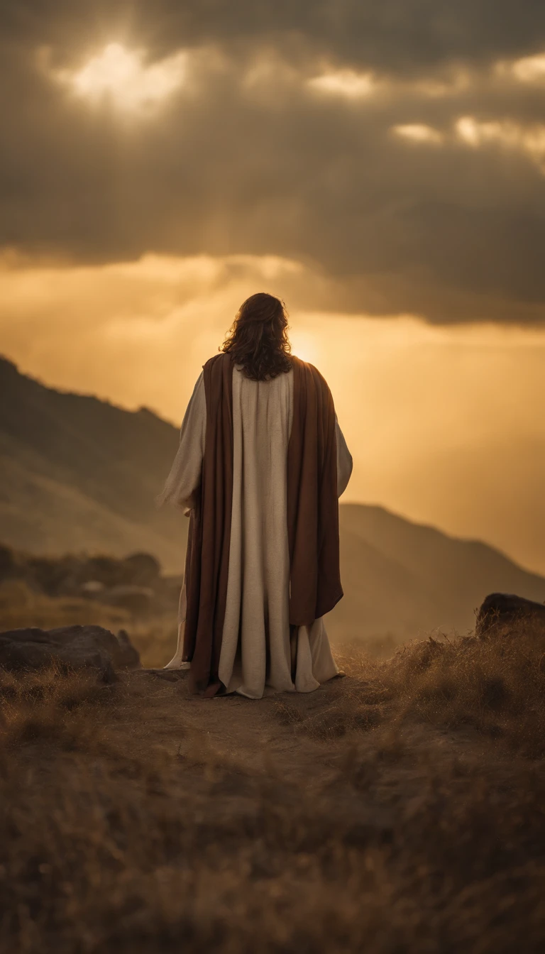 Jesus Cristo voando sobre as nuvens passando por Deus e seus anjos com armaduras Angelicais