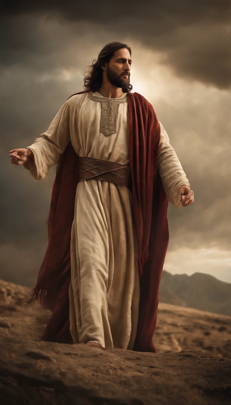 Jesus Cristo voando sobre as nuvens passando por Deus e seus anjos com armaduras Angelicais