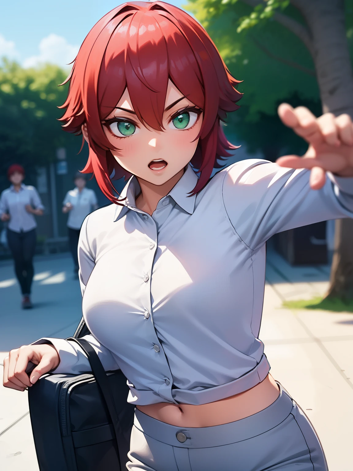 8k, best quality, masterpiece, ultra-detailed,1girl,solo, green eyes, throwing bomb,short hair, eyes,red hair,white shirt,white shirt,Long-sleeved shirt,black trousers,ultra detail, ultra HD