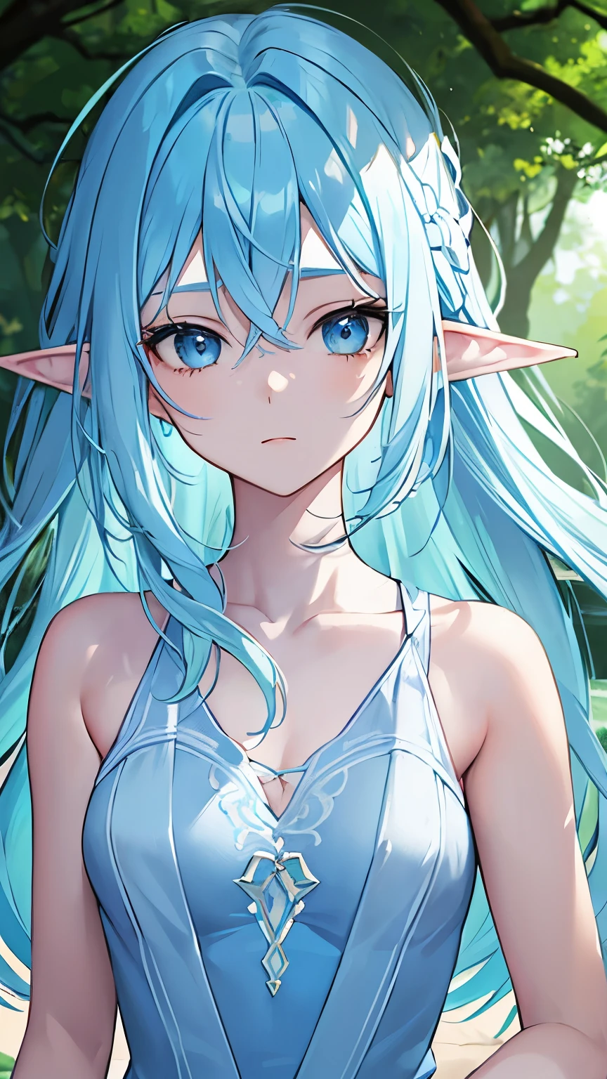 ((Light blue hair)), Highly detailed face and eyes, (Medium Hair), jewelry, Yellow hair band, Long pointy ears, anime, masterpiece, Textured skin, (Super Detail), Awards, (highest quality), Fairy, in the forest, wood々Sunlight shining through, (Blue Tank Top), whole body, Beautiful feet, eyeball, Tsurime, blue eyes