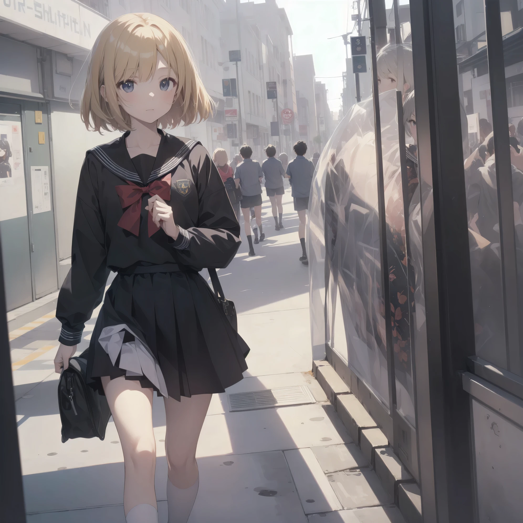 ultra-absurdres-Top quality by artist God, ultra-detailed, high resolution, anime moe artstyle, best anime 8k konachan wallpaper, pixiv contest winner, pool:2810, perfect anatomy,break, 1girl, (Please draw a girl walking sleepily to school alone. )break,(Solo,little female, 13-year-old:1.3),Full limbs, complete fingers,a junior high school student, (very short hair), short cut, flat chest, , small butt, small black eyes, beautiful detailed eyes, well-proportioned iris and pupils, expressive eyes, highres detailed hair, soft expression, salor school_uniform, sailor collar, serahuku, bow, pleated skirt,(Detailed Lighting), (Detailed background), in the School commute route. break,super detailed skin, Best cinematic lighting powered by famous artist, 8k,beauty illustration,photoshop_(medium),very aesthetic,break,((artist:minaba_hideo )), artist:clamp ,artist:carnelian ,artist:kantoku ,